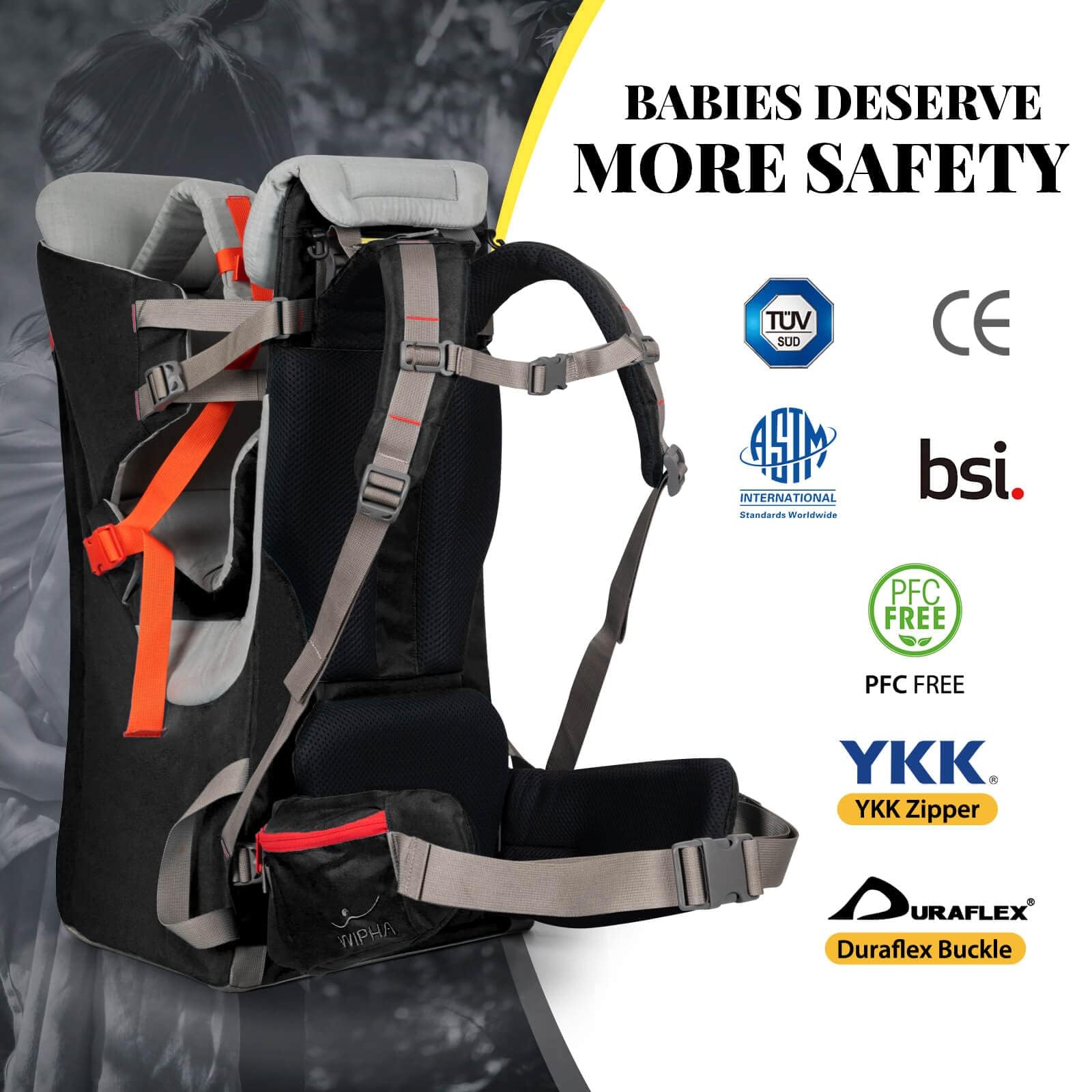 WIPHA Ergonomic Baby Backpack Carrier for Hiking - Adjustable Padded Child Seat with Sun Canopy, Large Storage & Insulated Pocket - Safe Toddler Carrier for Outdoor Adventures, Travel & Daily Use (Black)