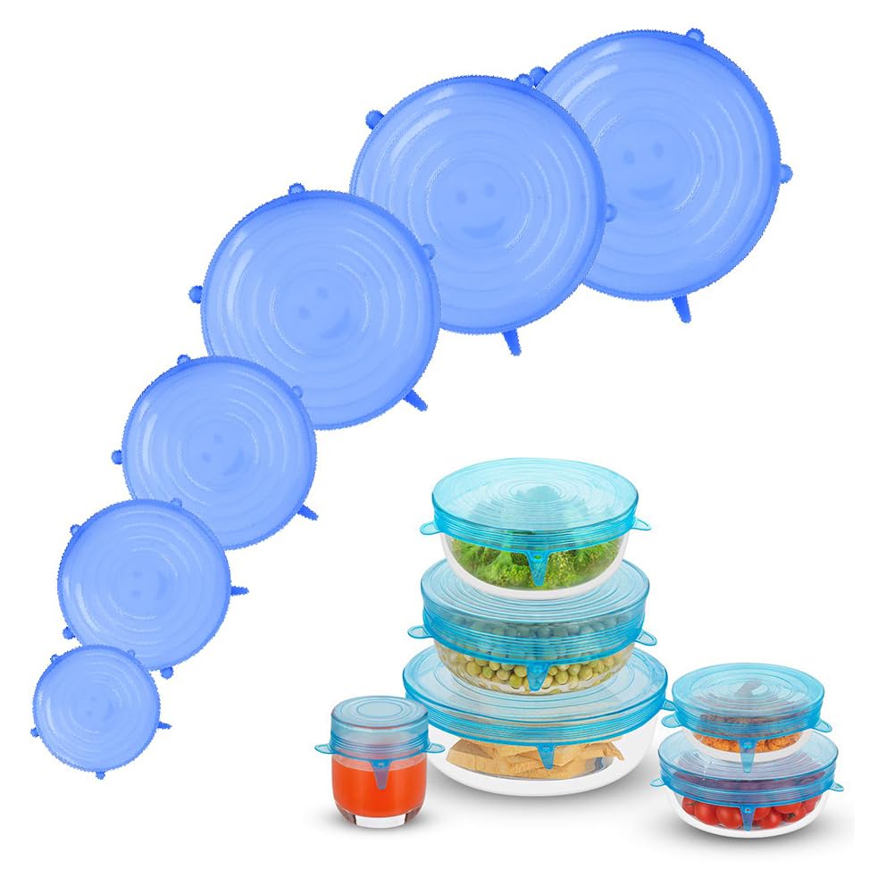 Stretchable Silicone Food Covers - Reusable Bowl Lids Set of 6 (Multiple Sizes) for Round, Square & Rectangular Containers | Perfect for Meal Prep, Leftovers Storage & Microwave Use