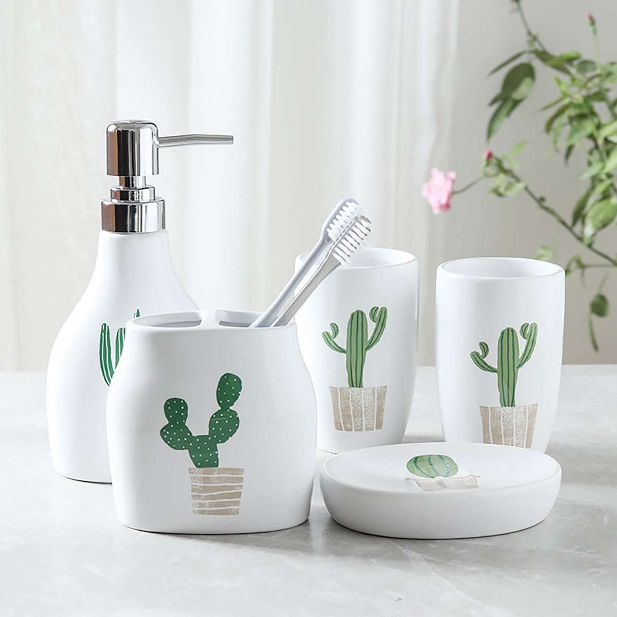 Cactus Bathroom Accessory Set - 5 Piece Western Style Bathroom Decor with Toothbrush Holder, Lotion Dispenser & Soap Dish in White & Green | Perfect for Southwestern, Boho & Farmhouse Bathroom Decor