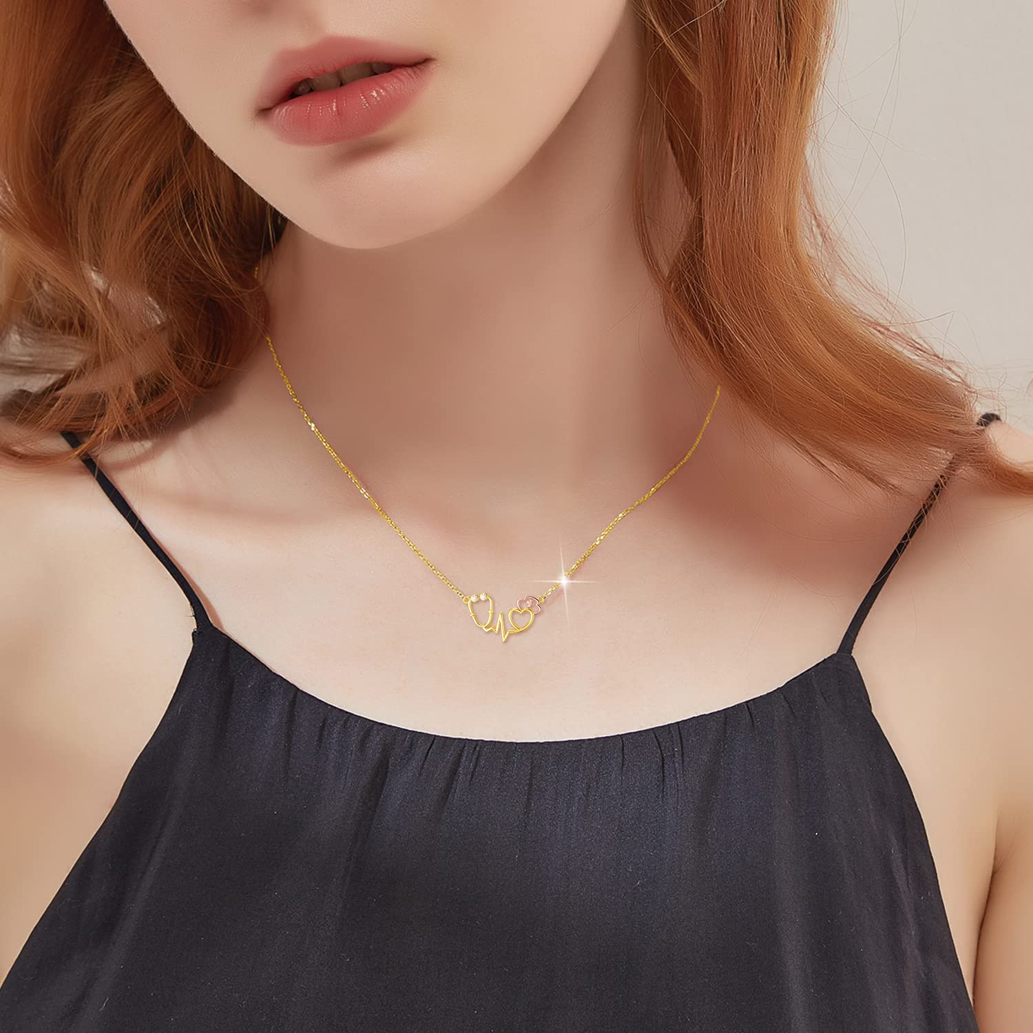 14K Real Gold Stethoscope Pendant Necklace for Women - Nurse Doctor Jewelry Gift for Medical Students & RN Nurses (16+1+1 inch) - Perfect for Graduation, Appreciation Gifts & Medical Professionals' Daily Wear