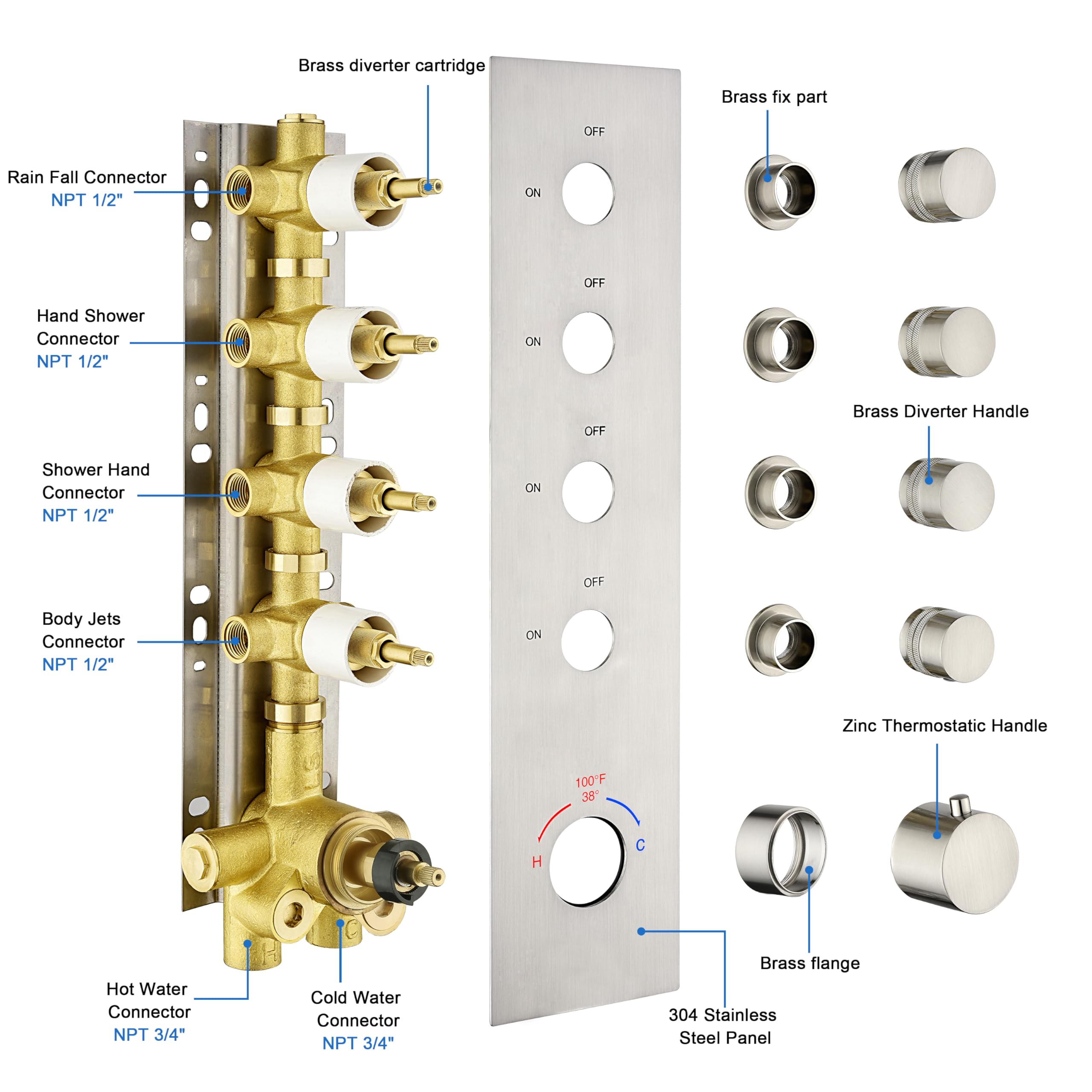 4-Way Shower Diverter Valve Brushed Nickel - Thermostatic Mixer Brass Valve with 4 Functions & Individual Flow Control - Perfect for Bathroom Renovation & Multi-Head Shower Systems
