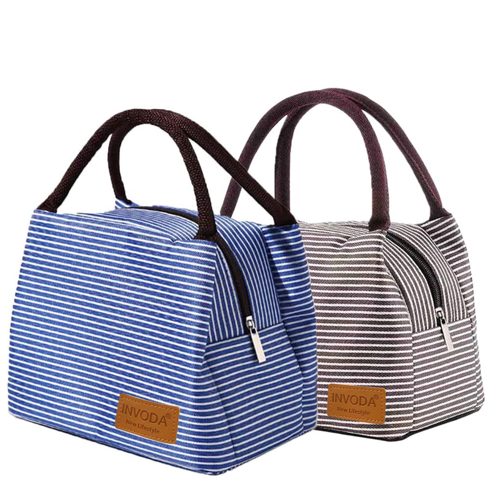 2PCS Insulated Lunch Bags - Reusable & Portable Cooler Tote for Office, School, Picnic & Beach - Leakproof Lunch Box Holder with Thermal Insulation (Blue + Brown) - Perfect for Work, Travel & Outdoor Activities