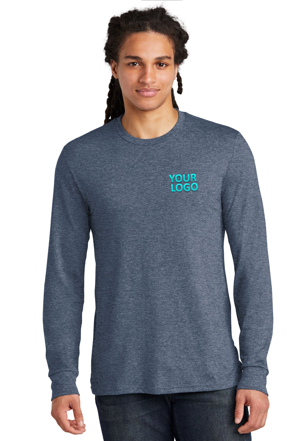District Made Men's Perfect Tri Long Sleeve T-Shirt - Soft Cotton Crewneck Tee in Navy Frost for Casual Wear & Layering