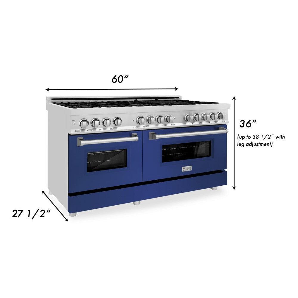 ZLINE 60-Inch 7.4 cu.ft Dual Fuel Range with 9-Burner Gas Cooktop & 2 Electric Convection Ovens - Stainless Steel with Blue Matte Doors (RA BM 60) | Professional Kitchen Appliance for Home Chefs & Cooking Enthusiasts