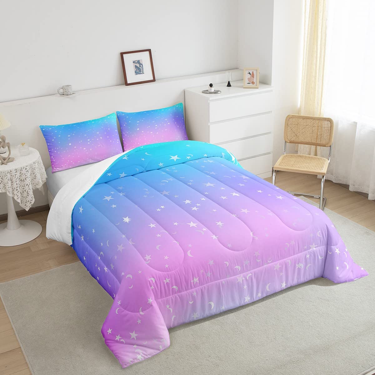 **Galaxy Comforter Set Twin Size - Ombre Glitter Bedding for Kids, Girls, Boys & Women - Rainbow Gradient Duvet Cover with Starry Sky Design - Pastel Sparkle Quilted Set (2-Piece, Blue & Pink) - Perfect for Bedroom Decor, Sleepovers & Cozy Nights**