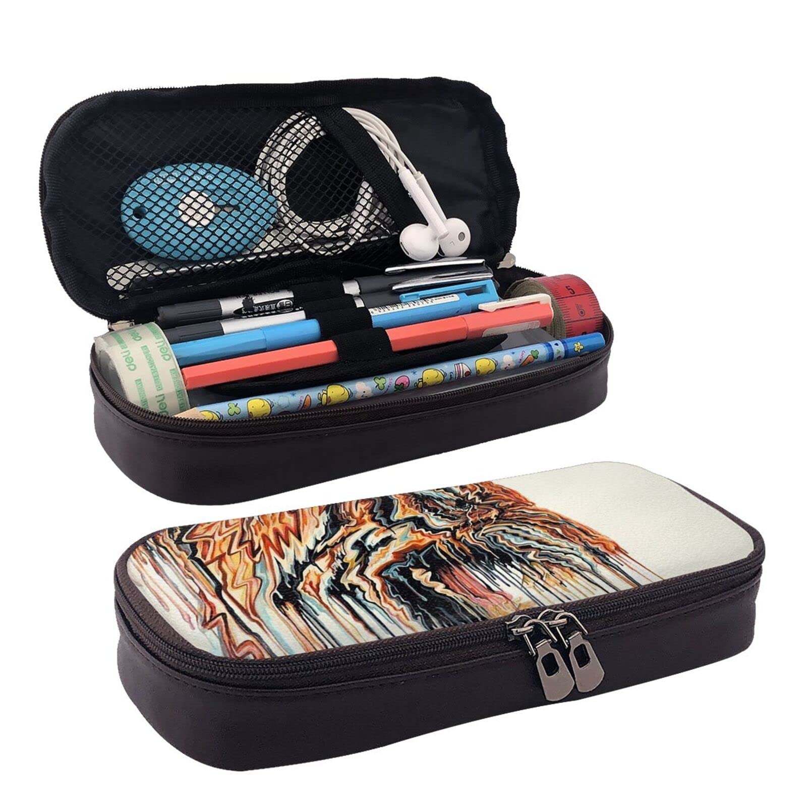 Large Capacity PU Leather Pencil Case with Abstract Tiger Design - School & Office Stationery Organizer for Pens, Pencils, Markers - Perfect for Middle School, High School, College Students & Back to School Gifts (Study, Work, Travel Use)