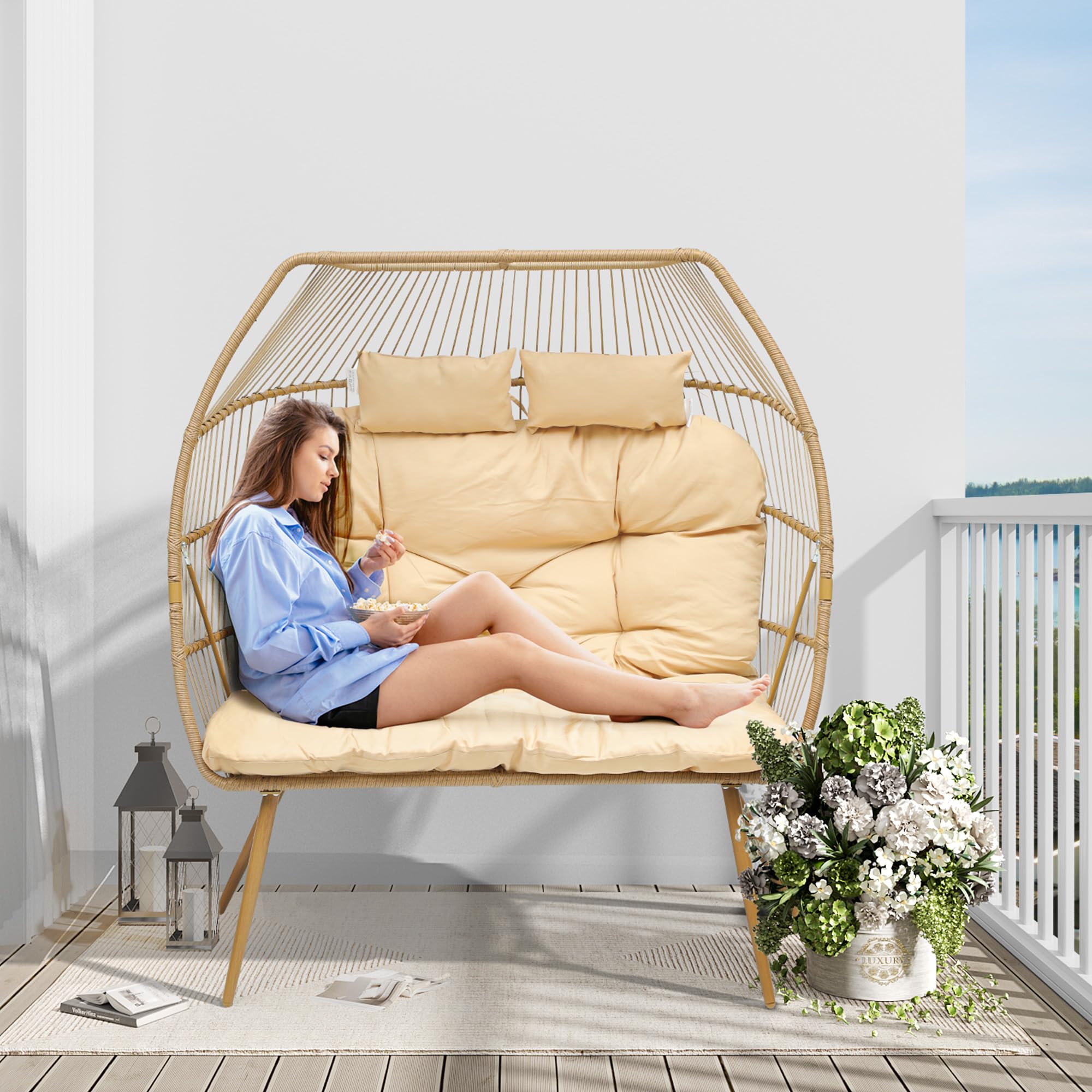 YITAHOME Oversized Double Egg Chair with Padded Cushions - Indoor/Outdoor Wicker Loveseat, Extra Large Lounge Chair for Patio, Bedroom, Garden & Balcony - Supports 510lbs - Beige - Perfect for Relaxing, Reading & Sunbathing
