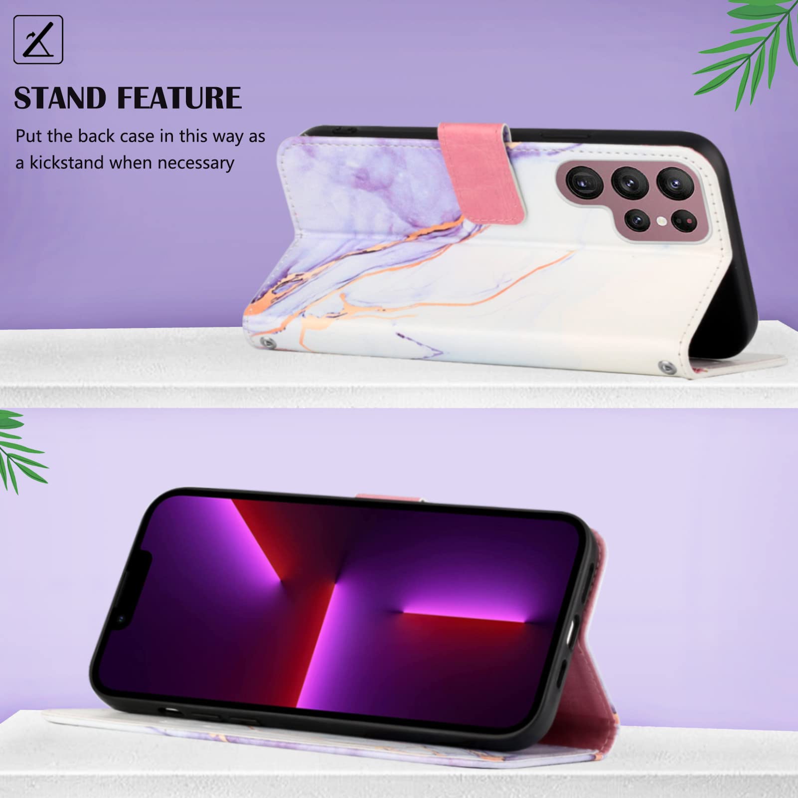 Premium Leather Wallet Case for Samsung Galaxy S22 Ultra - Flip Folio Cover with Card Holder & Kickstand | Marble Design in White & Purple | Protective Phone Case for Women & Girls | Perfect for Work, Travel & Everyday Use