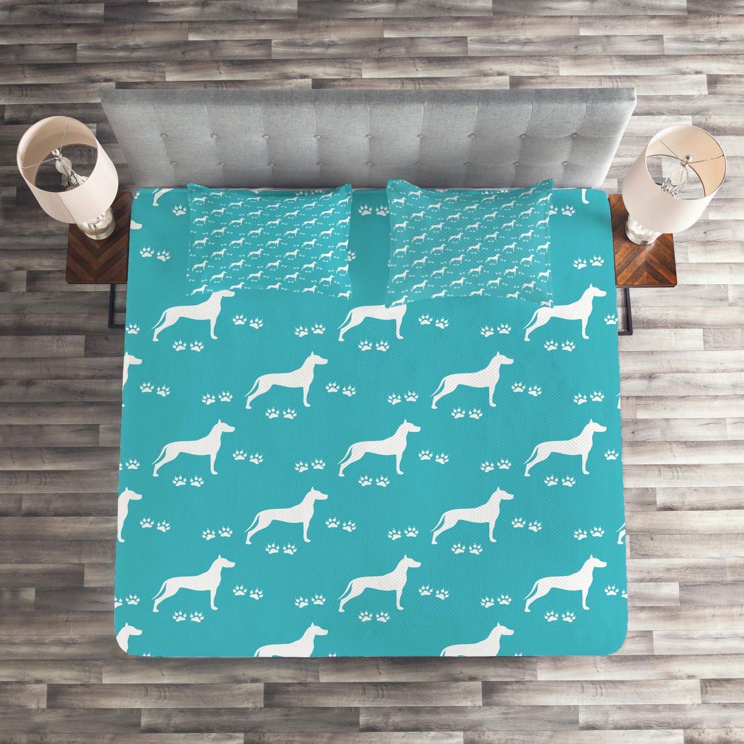 Ambesonne Dog Lover Quilt Set - Monochrome Dog Silhouettes & Paw Prints 3-Piece Bedspread with 2 Pillow Shams, King Size Turquoise White | Cozy Bedroom Decor for Pet Lovers, Perfect Gift for Dog Owners
