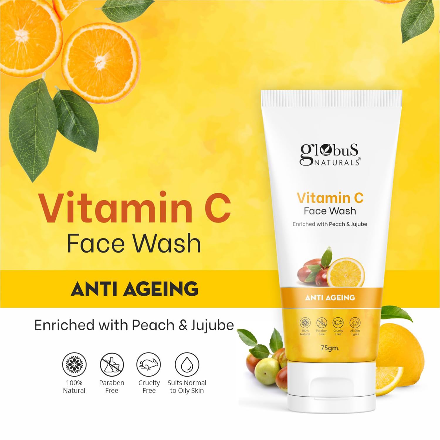 Globus Naturals Face Wash Combo Set of 3 (75g Each) - Kesar Chandan, Vitamin C & Ubtan for Glowing Skin | Daily Cleansing, Acne Control & Brightening | Perfect for Morning & Night Skincare Routine
