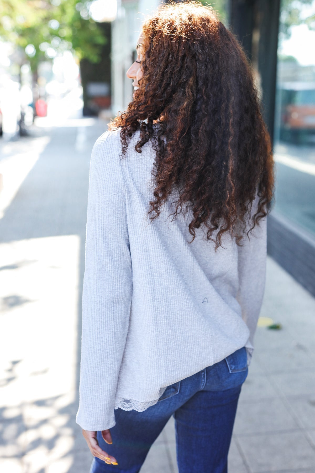 Feels Like Love Grey Lace Trim Ribbed Long Sleeve Top for Women | Elegant Casual Blouse for Date Night & Office Wear
