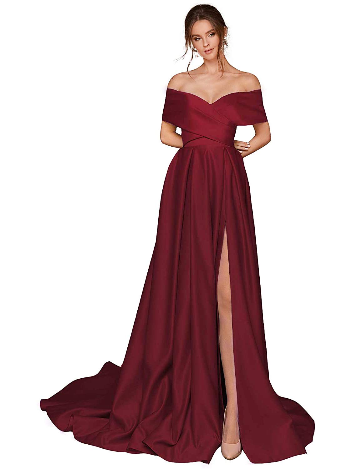 Clovile Women's Off The Shoulder Prom Dress - Elegant Satin Long Evening Gown with Thigh High Slit & Pockets - Perfect for Homecoming, Cocktail Parties & Formal Events