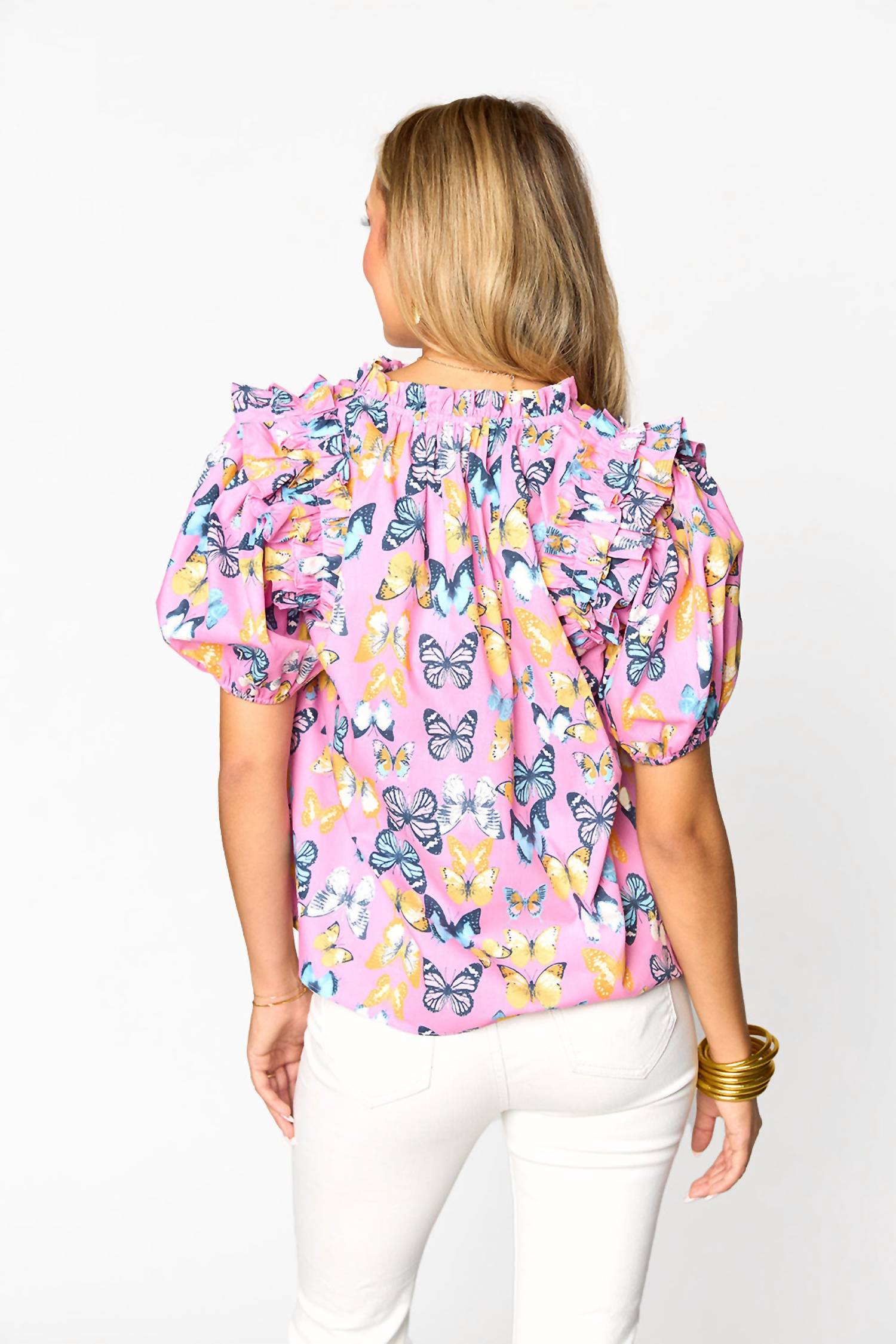 Elegant Pink Butterfly Blouse - Women's Floral Print Top for Spring & Summer | Perfect for Casual Outings, Date Nights & Office Wear