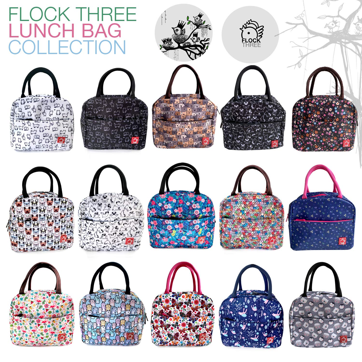 FLOCK THREE Insulated Reusable Lunch Bag - Waterproof Food Container with Front Padded Pocket & Double Zippers for Men, Women & Kids - Perfect for Work, School, Picnics & Outdoor Activities