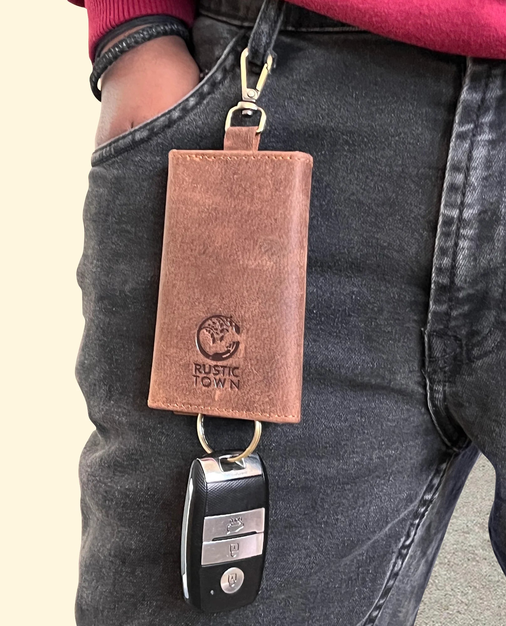 Genuine Leather Key Holder - Smart Fob Car Key Loop with Slim Keychain for Men & Women (Dark Brown) - Perfect for Organizing Keys, Car Fobs & Daily Essentials