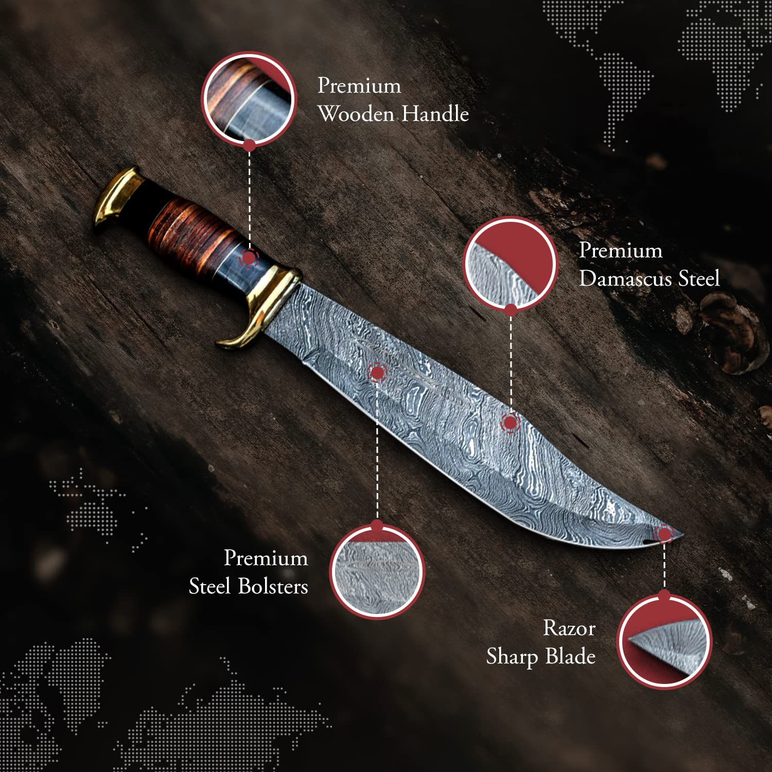 Morf Steelware Bowie Survival Hunting Knife - Damascus Steel Fixed Blade with Sheath | Handcrafted Collector's Knife for Outdoor Enthusiasts | Perfect for Camping, Hunting, Bushcraft & Survival Situations