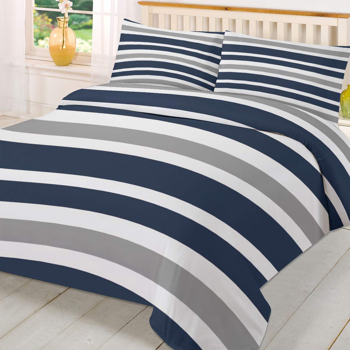 Premium FAMILYDECOR Reversible Duvet Cover Set - California King Size 3-Piece Luxury Bedding Collection, Navy Blue Grey & White Stripes - Hotel Quality Comforter Cover for Modern Bedroom Decor & Guest Room Styling