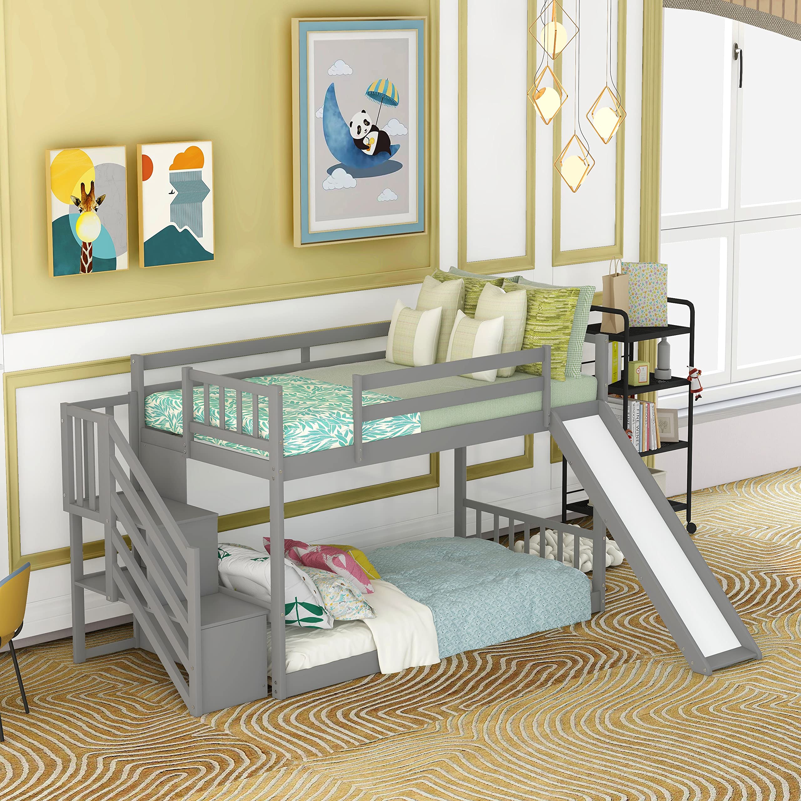 Harper & Bright Designs Twin Bunk Bed for Kids - Solid Wood Low Bunk Bed with Slide & Stairway, Space-Saving Gray Bunk Bed - Perfect for Kids' Bedroom, Dorm Room or Small Spaces