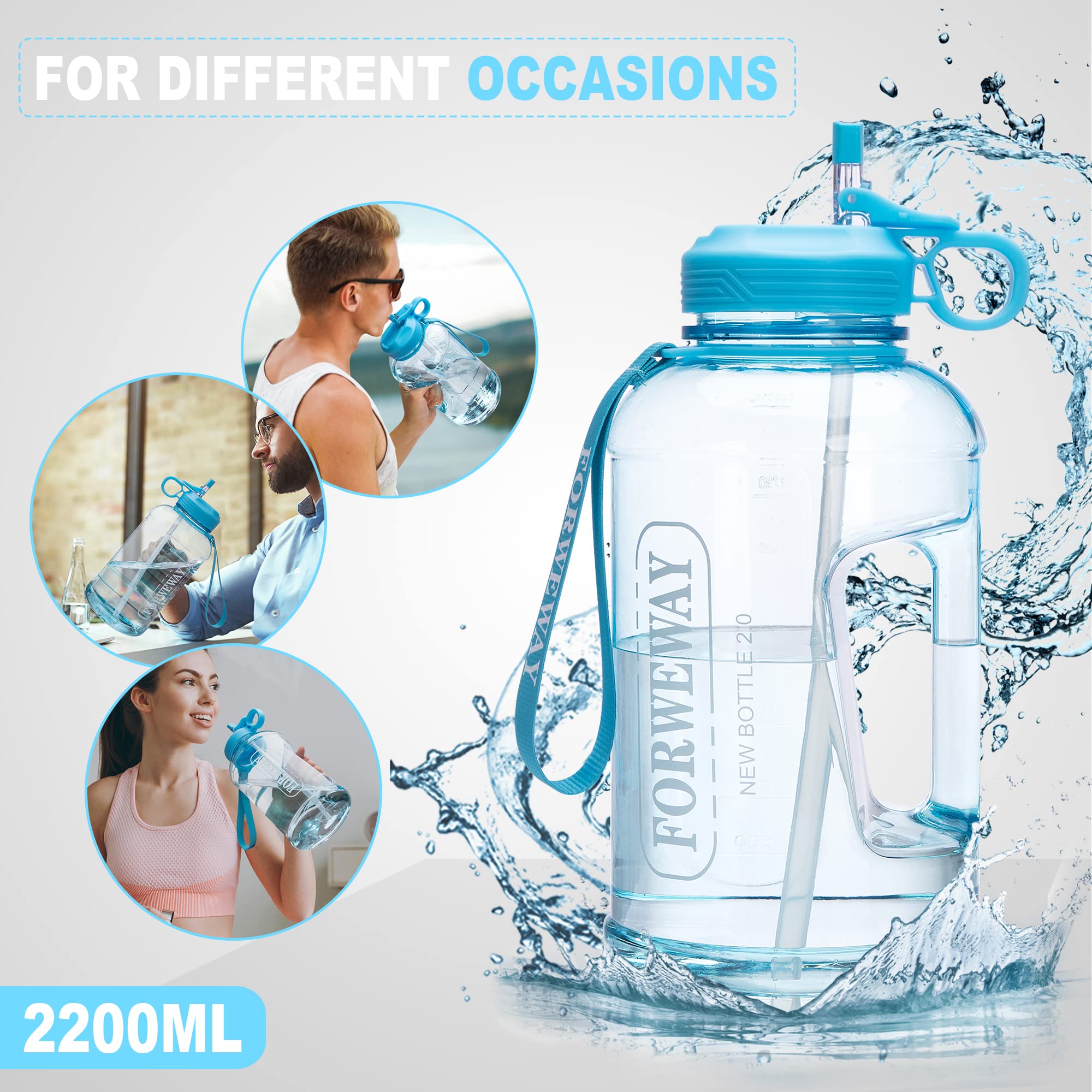 **2.2L (74oz) Large Leakproof Sports Water Bottle with Straw & Handle - BPA Free Half Gallon Jug for Camping, Hiking, Gym & Outdoor Activities (Blue)**
