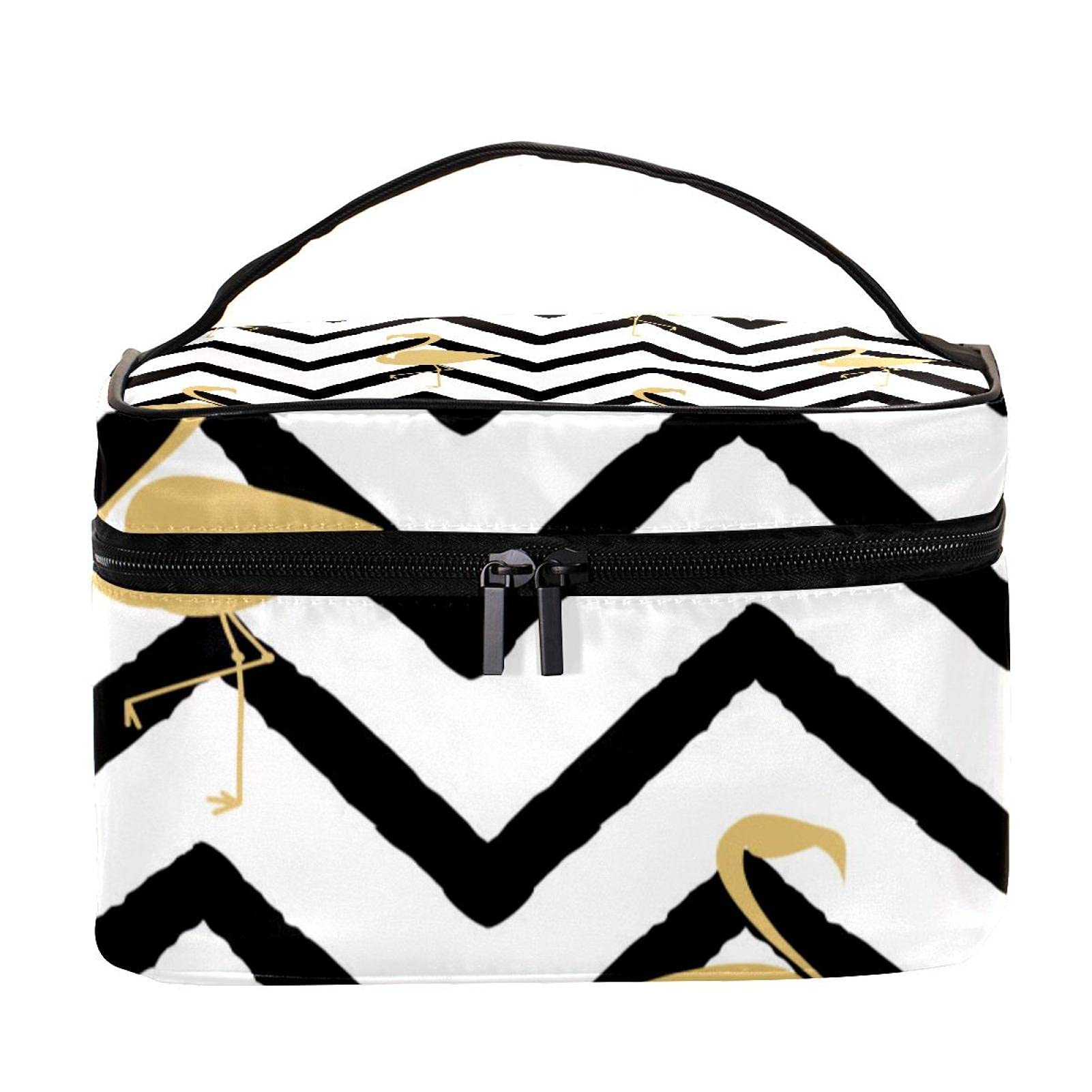 Gold Flamingo & Chevron Zigzag Travel Makeup Bag - Large Cosmetic Organizer with Zipper, Waterproof Toiletry Bag for Women & Girls | Perfect for Travel, Gym, Beach & Daily Essentials Storage