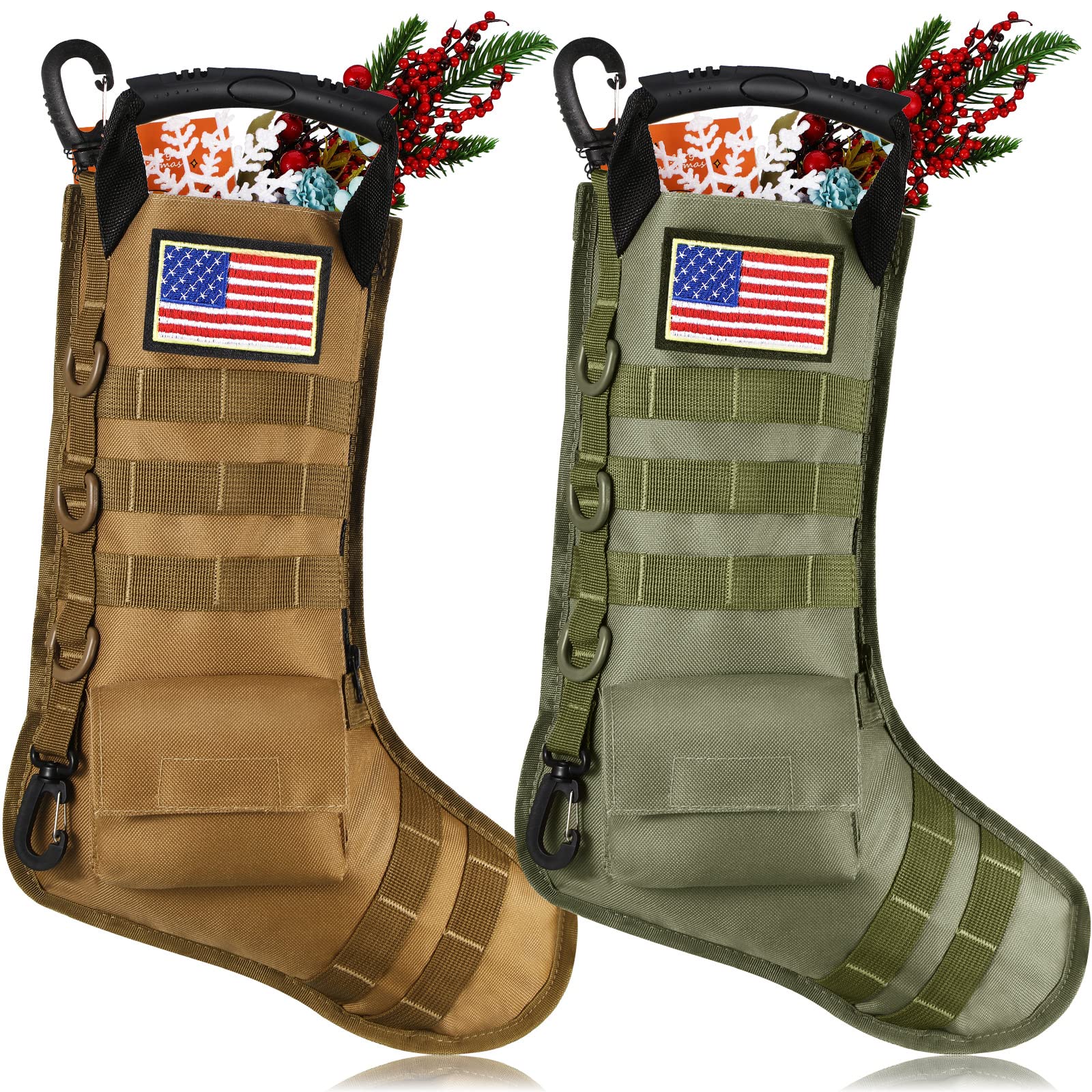 WILLBOND 2 Pack Tactical Military Christmas Stockings with American Flag Patches - MOLLE Compatible Gear Pouch for Holiday Decorations, Xmas Tree Ornaments & Home Decor (Bright Style) - Perfect for Military-Themed Christmas, Soldier Gifts & Patriotic Holiday Decor