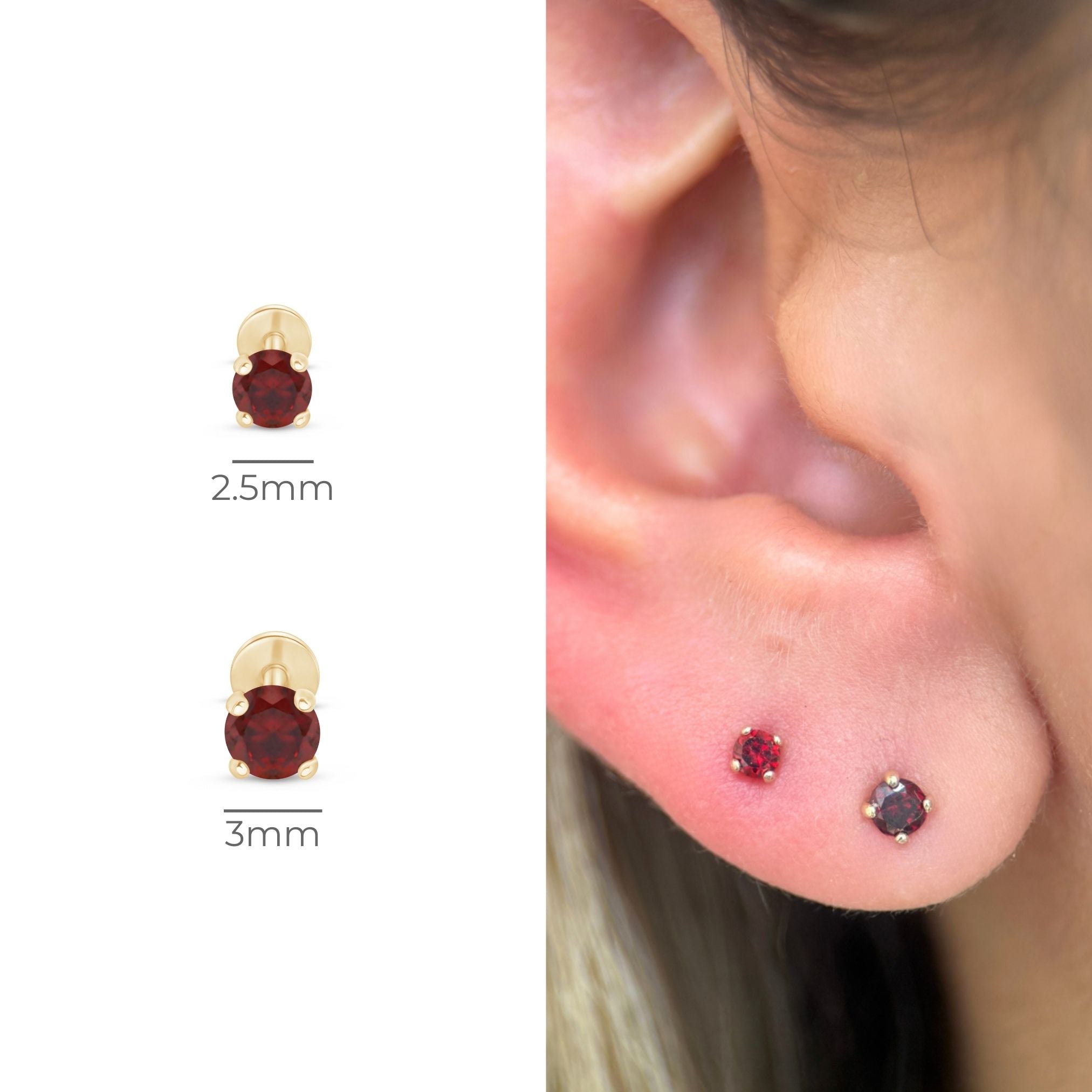 14k Yellow Gold Garnet Cartilage Flat Back Stud Earrings - Dainty & Hypoallergenic Piercing Jewelry for Women - Perfect for Everyday Wear & Special Occasions