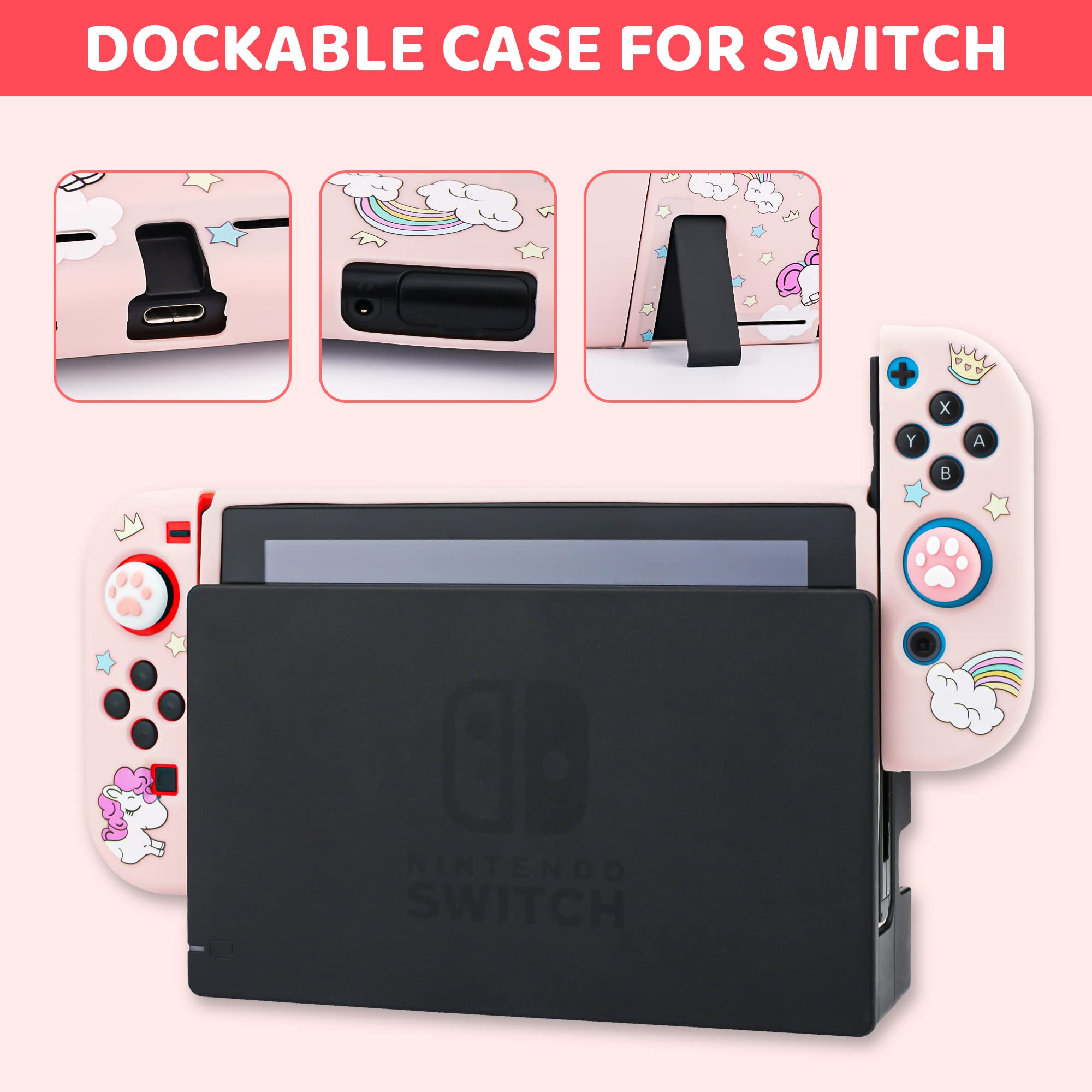 Unicorn Nintendo Switch Carrying Case for Girls - Pink Rainbow Travel Case with Soft TPU Protective Cover, HD Screen Protector, Thumb Grips & Shoulder Strap - Perfect for Gaming On-The-Go & Travel Accessories Storage