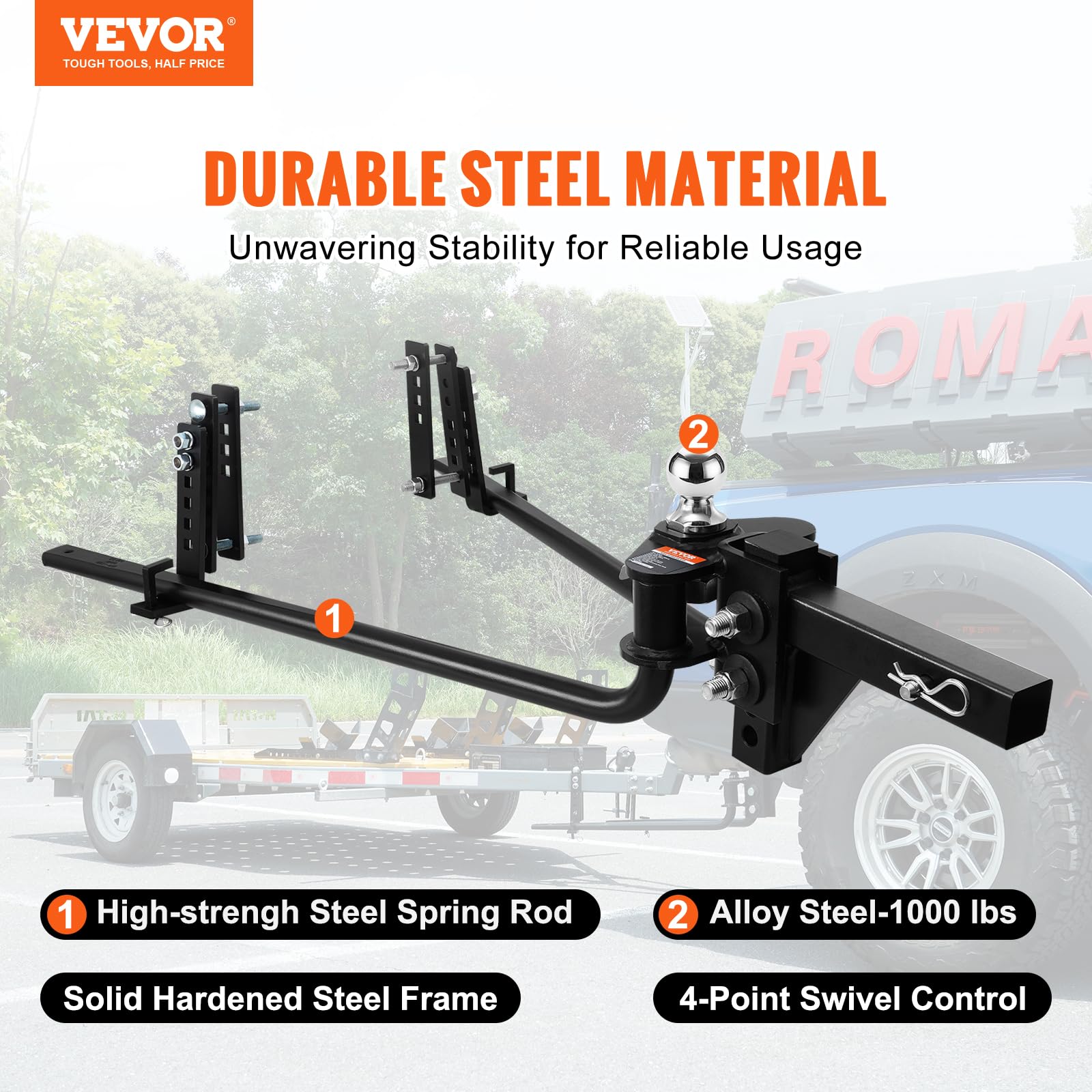 VEOVR 1,000 lbs Weight Distribution Hitch Kit with Sway Control - 2-in Solid Steel Shank & 2-5/16