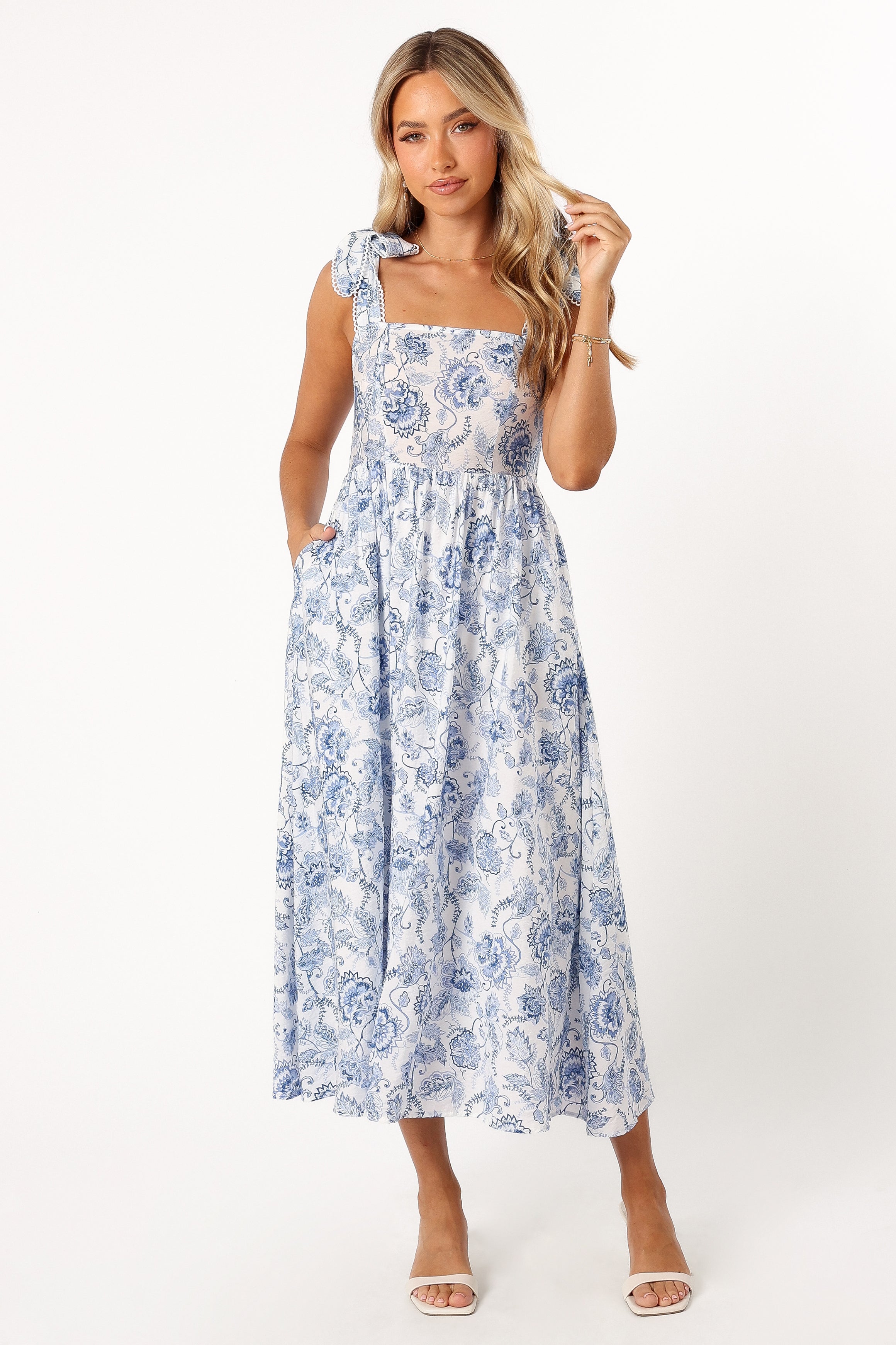 Janie Midi Dress - Blue Floral Print Women's Casual Summer Dress for Beach, Party & Everyday Wear