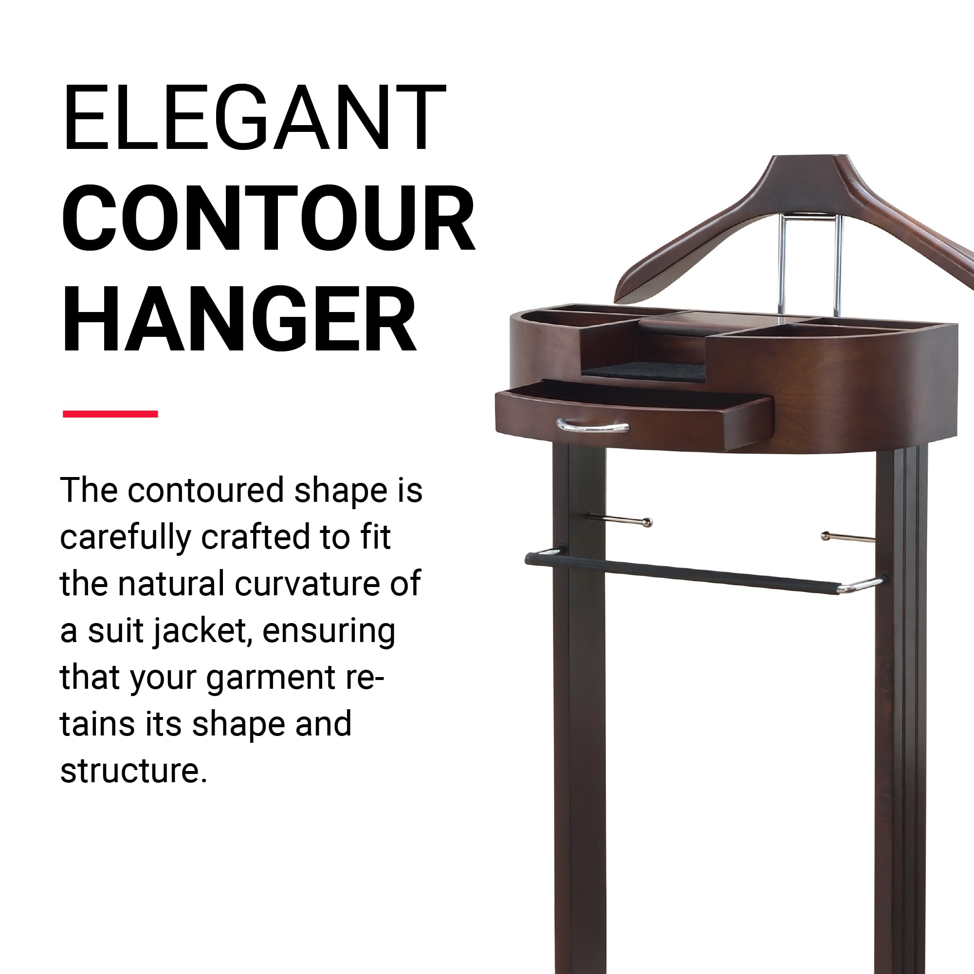Proman Products Crescent Moon Valet Stand for Men - Wooden Valet Organizer with Drawer, Top Tray, Contour Hanger, Trouser Bar, Belt Hooks & Shoe Rack - Mahogany Finish - Perfect for Bedroom, Closet & Entryway Organization