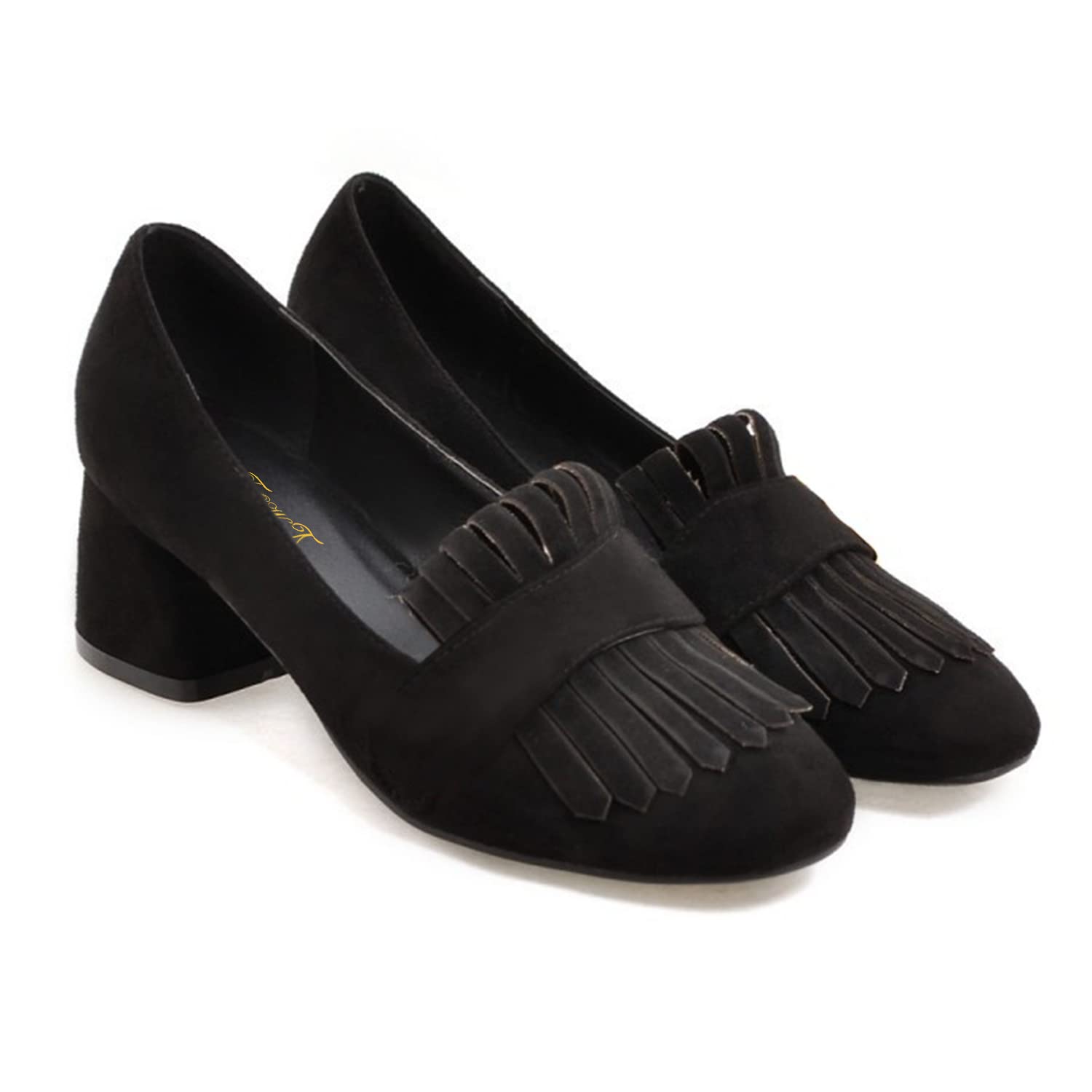 FOWT Women's Comfort Suede Tassel Loafers - Black Slip-On Pumps with Almond Toe & 2 Inch Chunky Block Heel - Elegant Dress Shoes for Work, School, Office & Daily Wear (US Size 4-16 M)