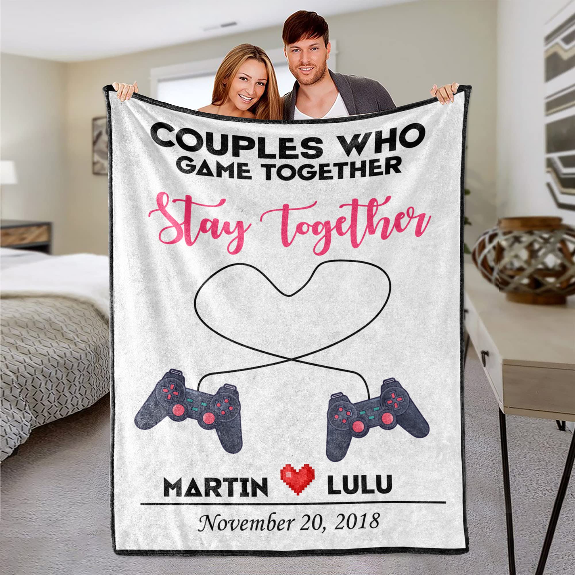 Personalized Couple Fleece Blanket - Custom Name & Date Gift for Gamers | Anniversary, Valentine's Day & Cozy Home Decor