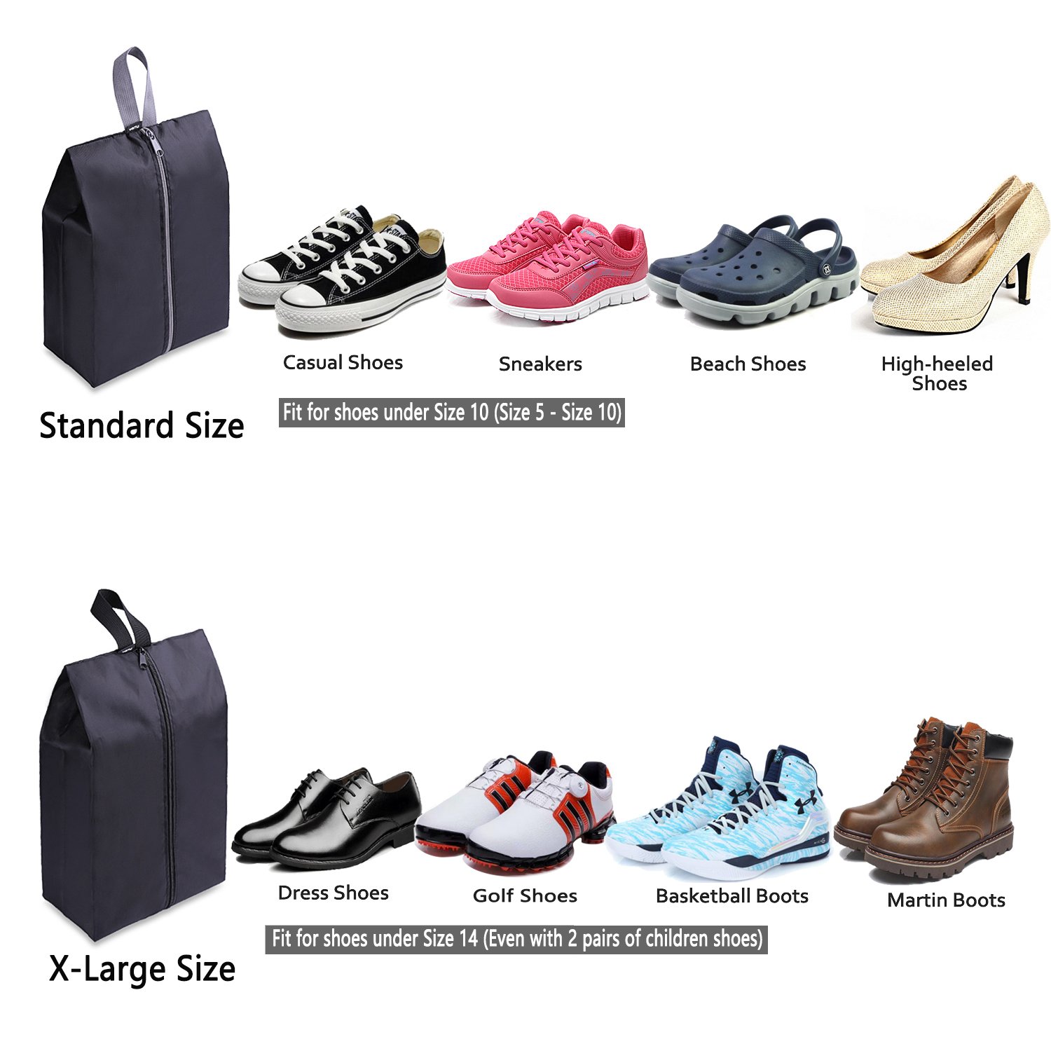 YAMIU Waterproof Travel Shoe Bags Set of 4 - Nylon Zipper Shoe Organizers for Men & Women (Black) - Perfect for Gym, Business Trips & Vacation Packing
