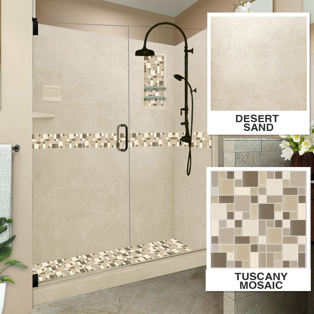 60 Alcove Desert Sand Sistine Stone & Tuscany Mosaic Accent Tile - DIY Shower Remodel Kit for Bathroom Renovation | Waterproof & Easy Installation Backsplash