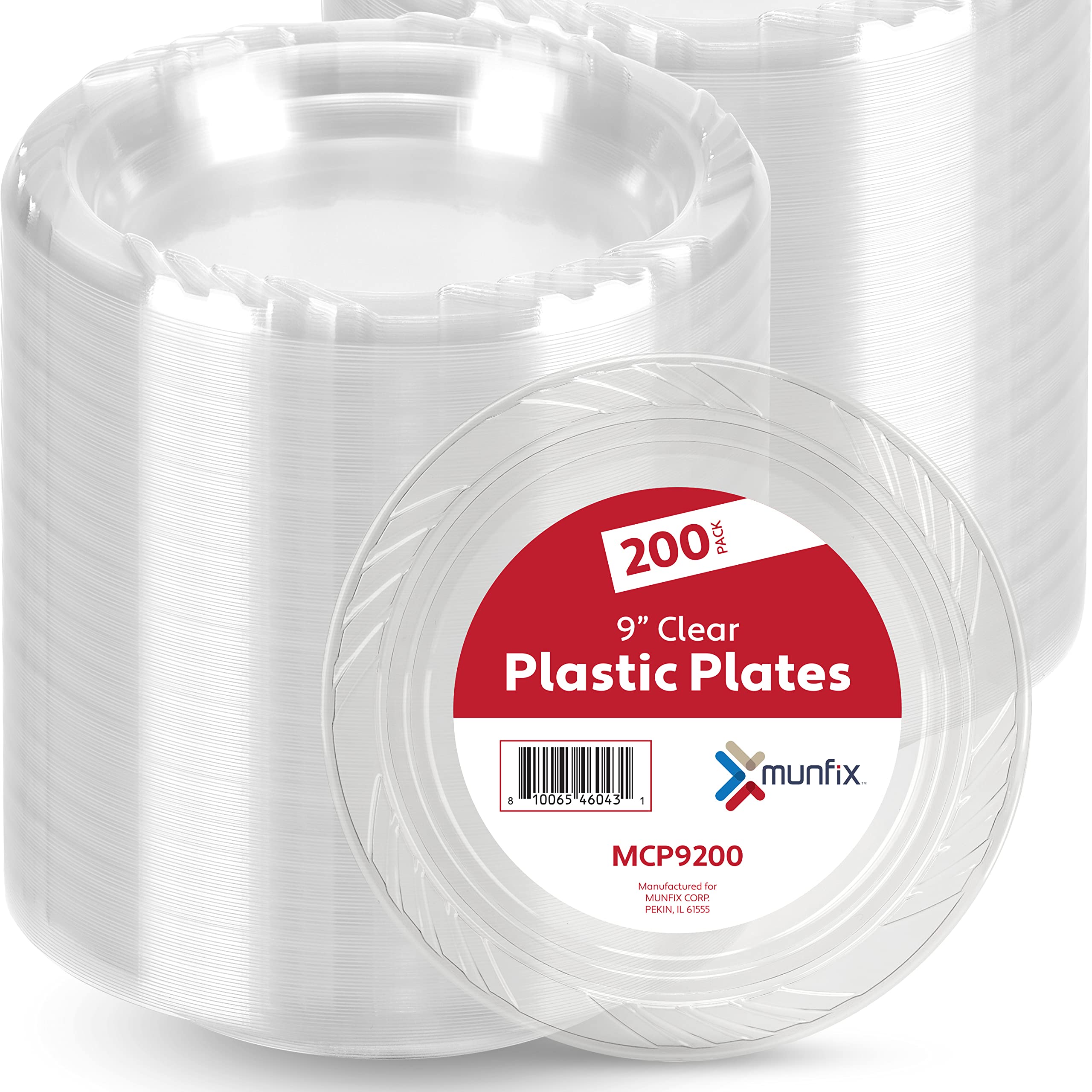 Munfix 200-Pack 9 Inch Clear Disposable Plastic Plates - Heavy Duty Dinner Plates for BBQ, Picnic, Party & Travel | Microwave Safe & Recyclable | Perfect for Outdoor Events, Catering & Family Gatherings