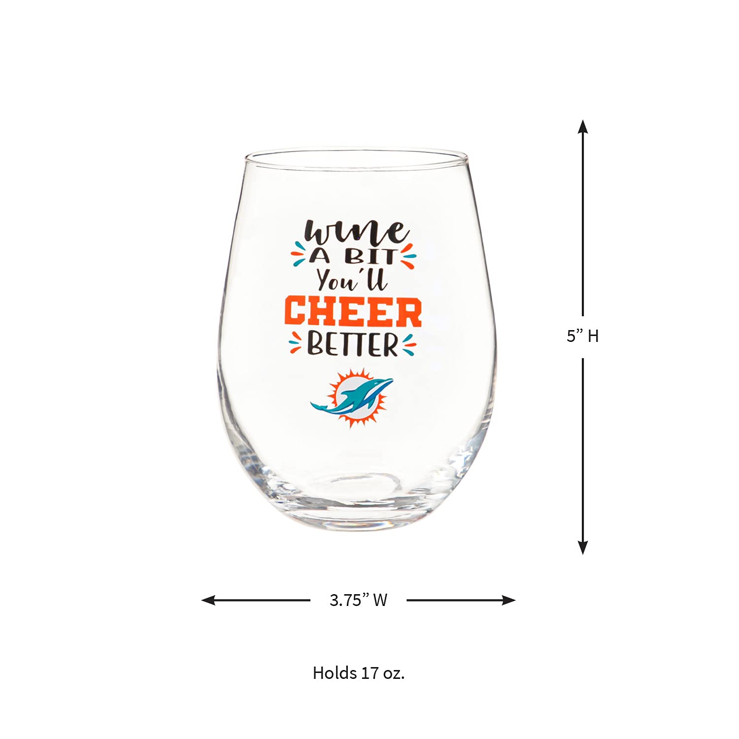 Miami Dolphins 17oz Stemless Wine Glass - Officially Licensed NFL Team Sports America Merchandise - Perfect for Game Day Parties, Tailgating, and Football Fan Gifts