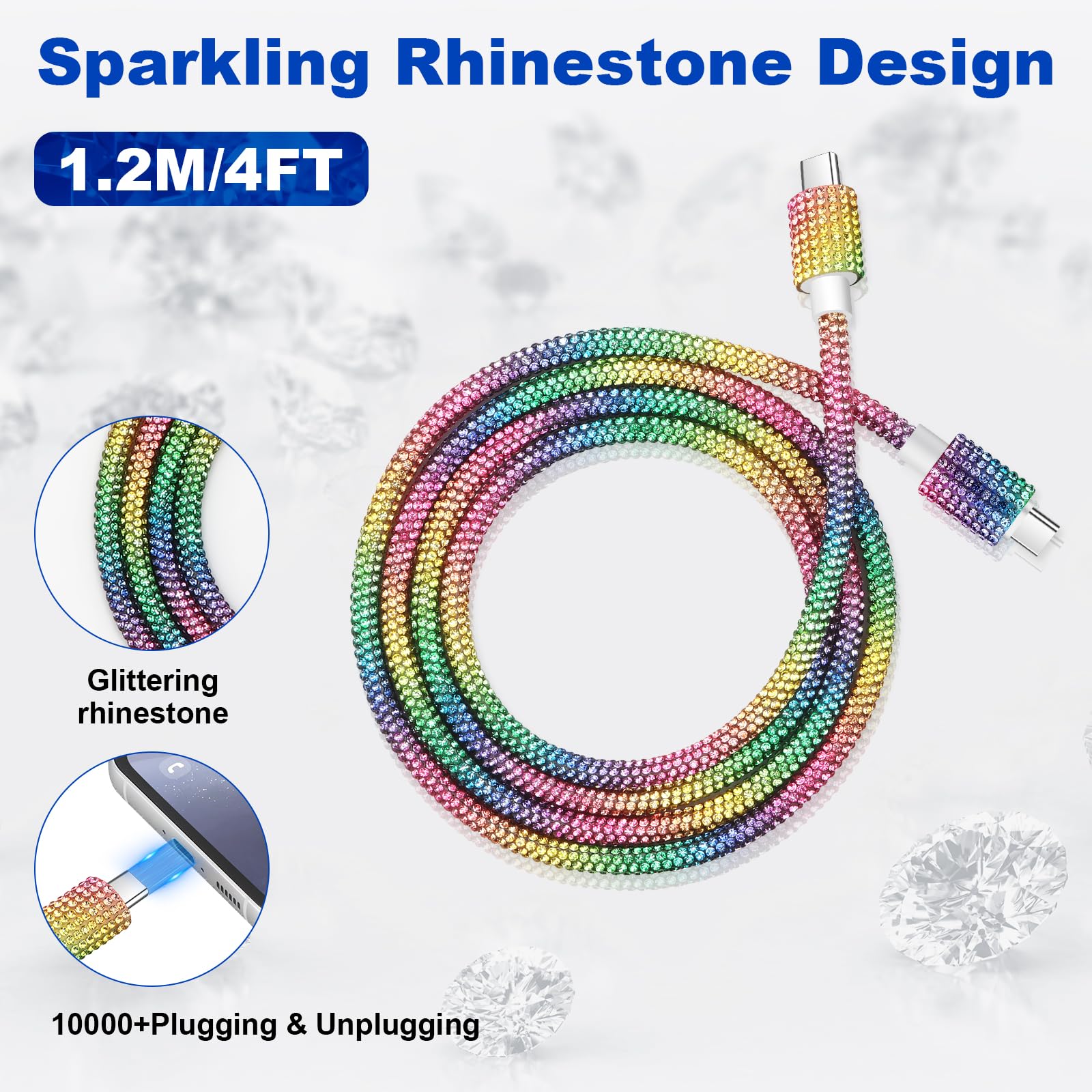 VOFUOE 60W Fast Charging USB to USB C Cable, Bling Sparkling Diamond USB C Charger Cord 4FT - Compatible with iPhone 16/16 Pro/16 Pro Max, Galaxy S24 Ultra, iPad 10th Gen - Rainbow Design for Women | Perfect for Travel, Office & Home Charging