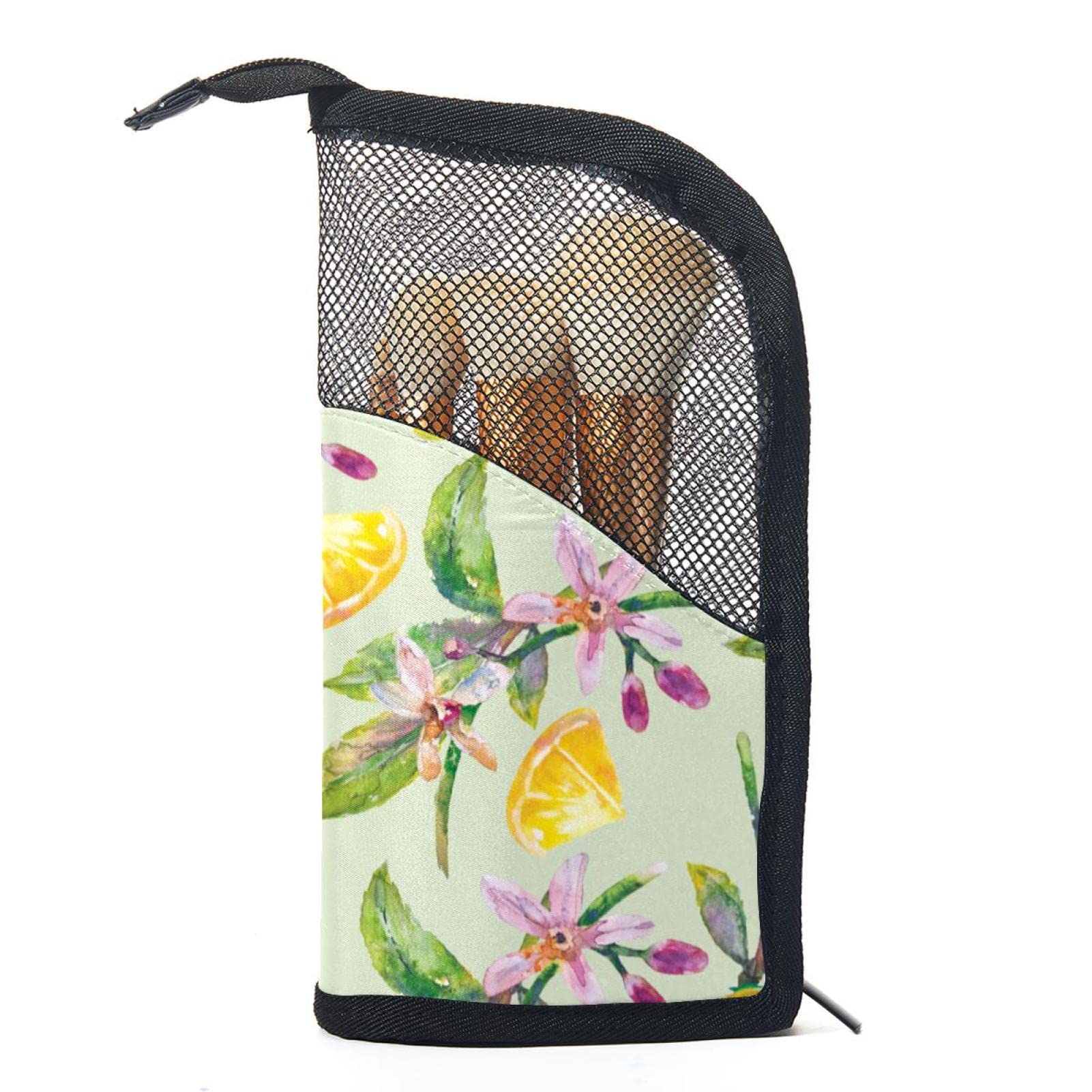 12-Piece Makeup Brush Organizer Bag with Watercolor Lemon Leaf Design - Portable Cosmetic Brush Holder Case for Travel, Home & Professional Makeup Artists