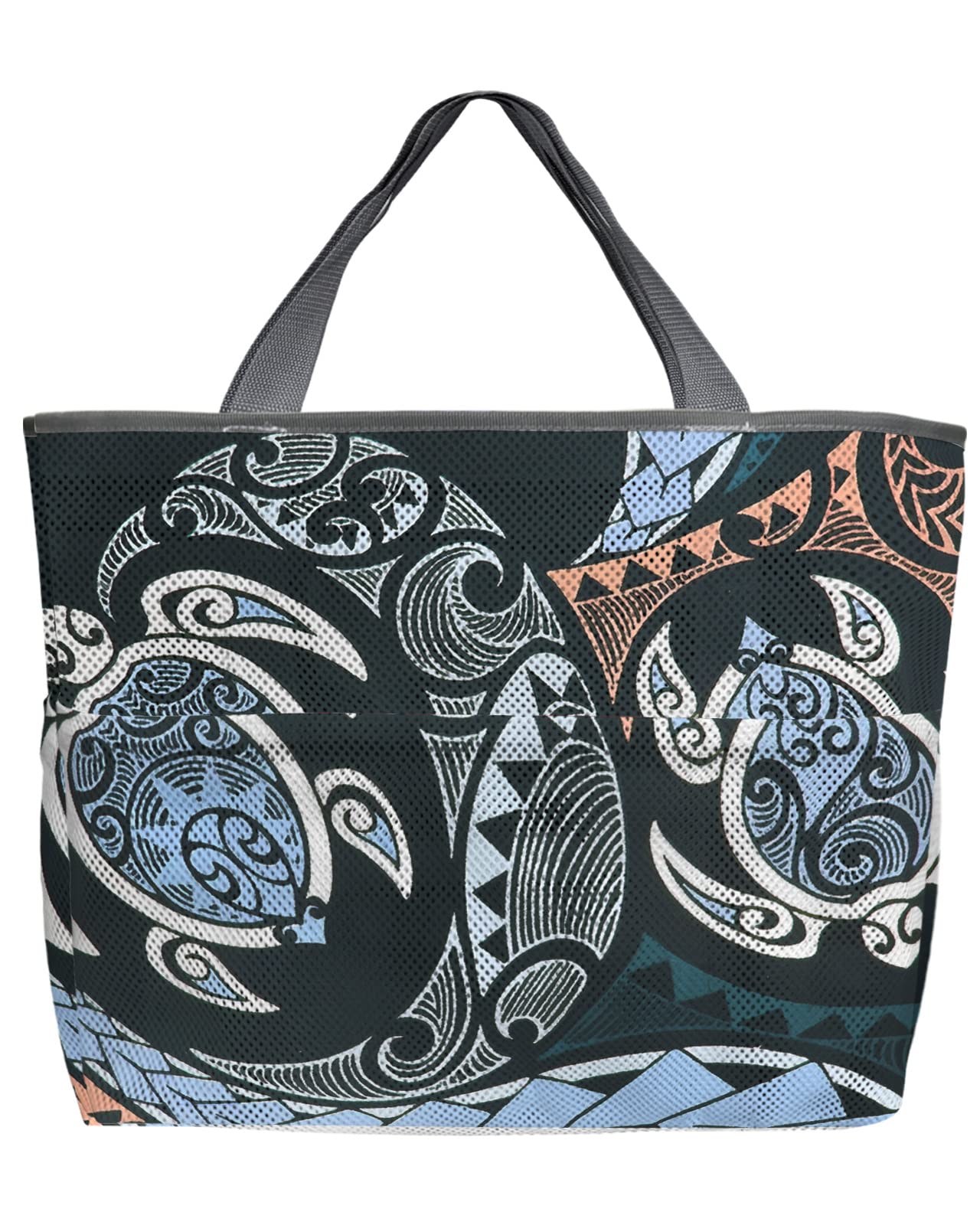 Mesh Beach Tote Bag - 60L Oversized Polynesian Turtle Print Boho Style Tote with Pockets | Quick-Dry Swim Bag for Pool, Beach & Grocery Storage | Foldable & Lightweight (24x16x9 inches) - Perfect for Summer Vacations, Water Sports & Shopping Trips