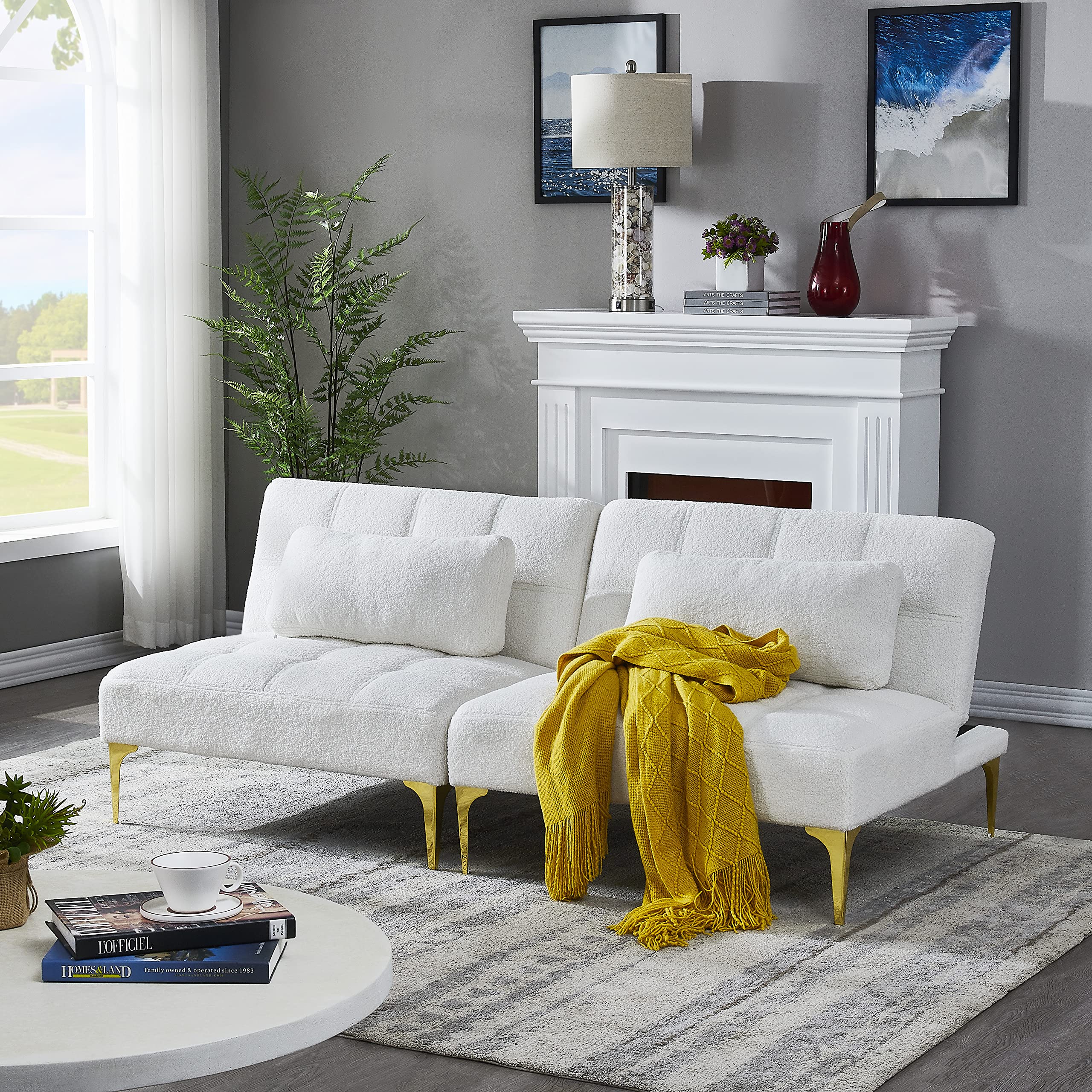 2-Piece Convertible Futon Sofa Bed - Sleeper Couch, Daybed & Loveseat with Gold Metal Legs | Folding Recliner Armless Sofa in Soft Teddy Fabric | Space-Saving Furniture for Small Apartments, Living Rooms & Offices | Perfect for Guest Beds, Lounging & Compact Spaces