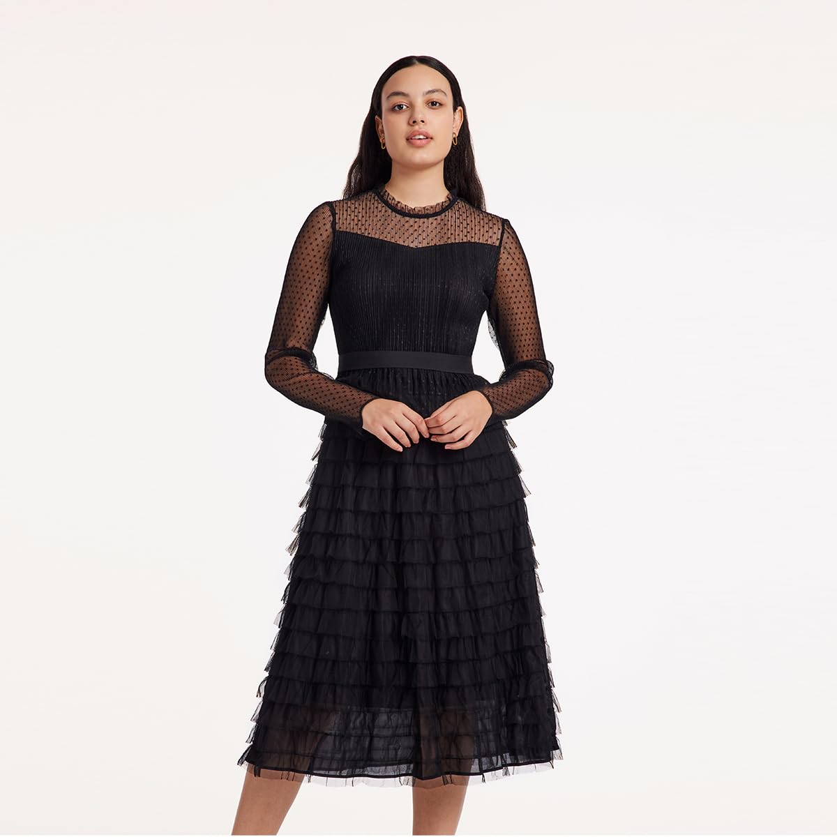 Elegant Women's Long Sleeve Mesh Layered Chiffon Midi Dress for Wedding Guest, Cocktail, Prom & Evening Party - Perfect for Formal Events, Date Nights & Special Occasions
