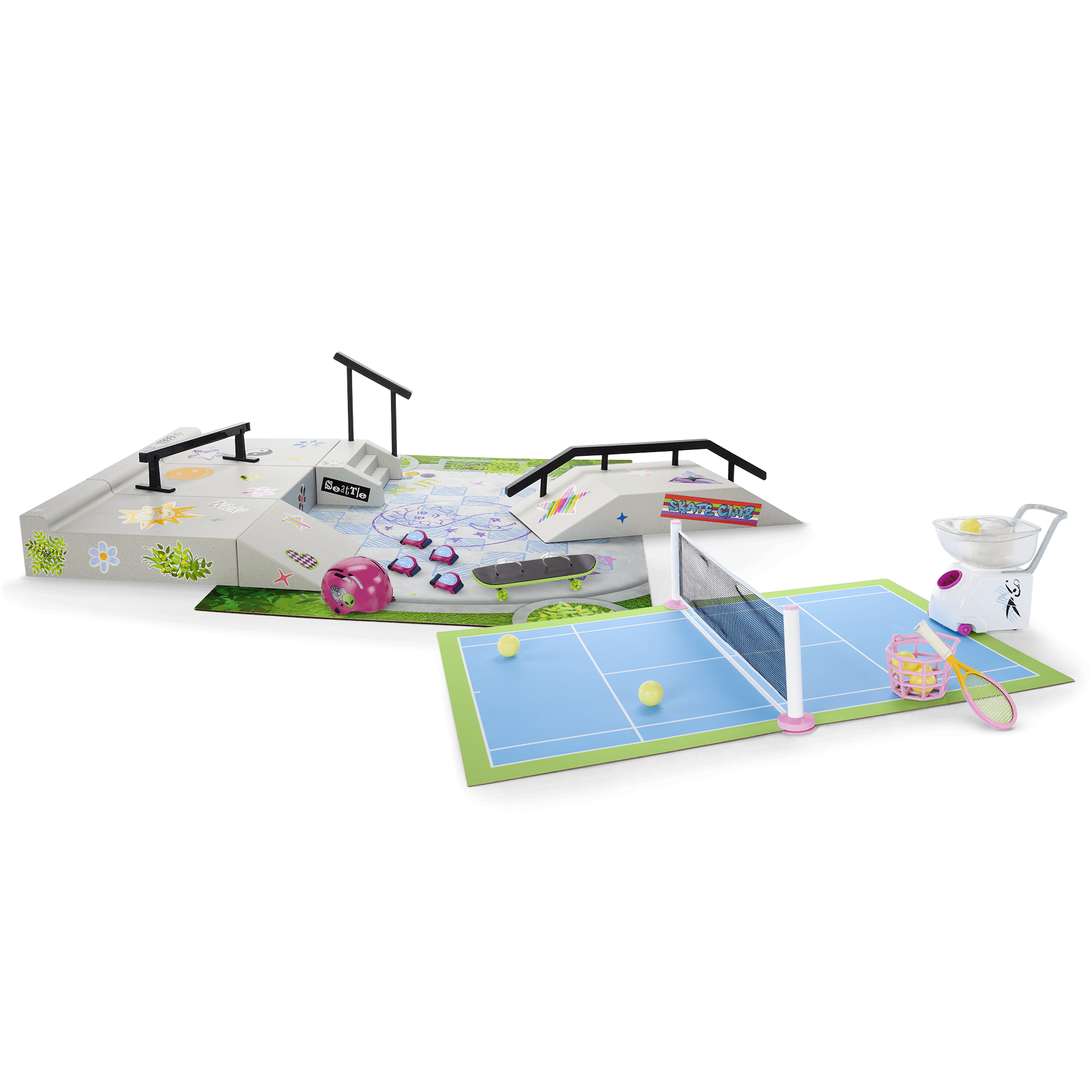Isabel & Nicki 2-in-1 Tennis Court and Skate Park Playset for 18 Inch Dolls - Perfect for American Girl Dolls and Historical Character Play - Great for Indoor and Outdoor Pretend Play Scenes