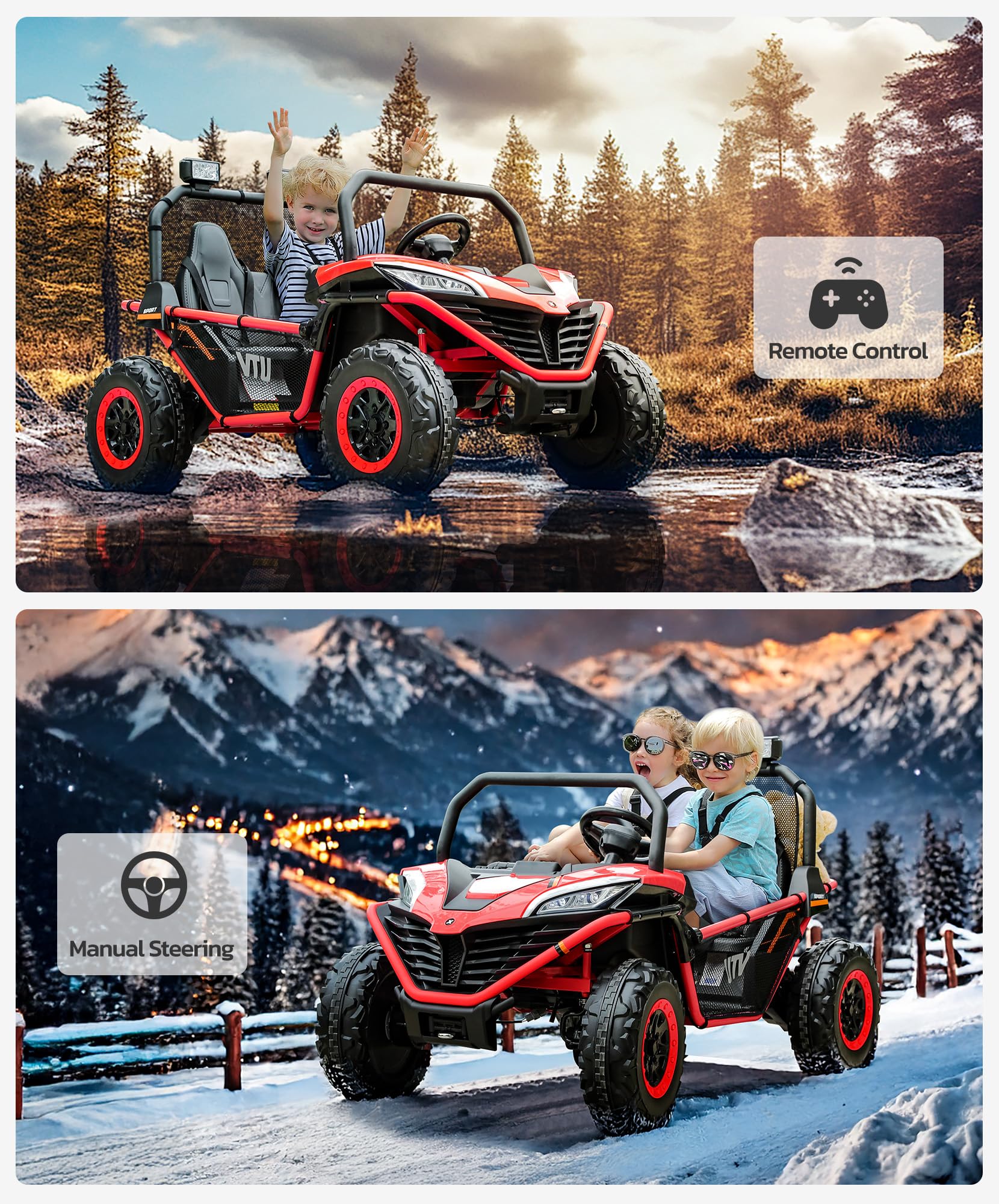 **ELEMARA 24V 2 Seater Kids Electric Ride-On Car - 10AH 4WD UTV Toy with Remote Control, Bluetooth, LED Lights, 3 Speeds & Music - Spring Suspension & Storage - Perfect for Ages 3-8 - Fire Red - Ideal for Outdoor Play, Birthday Gifts & Family Fun**