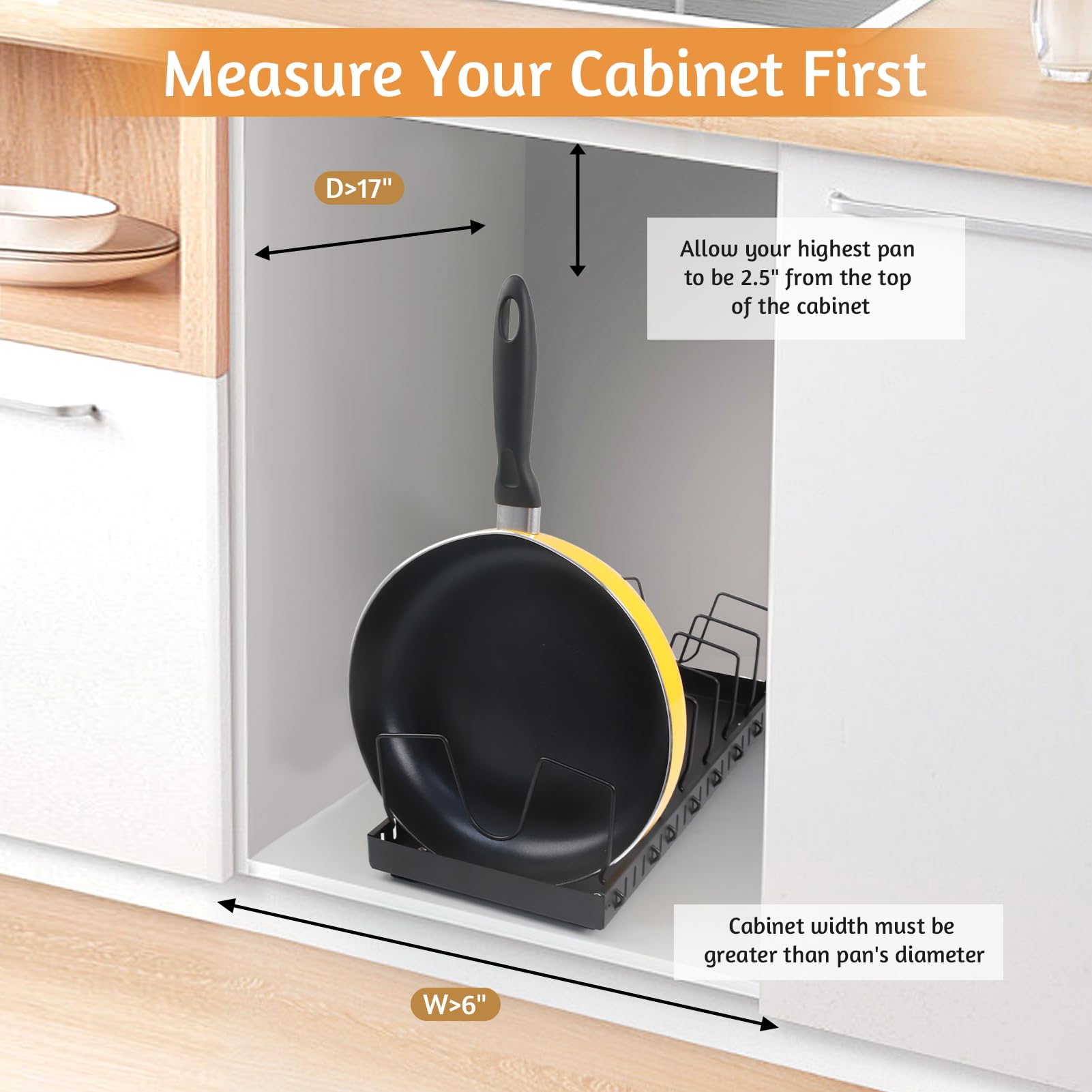 Pull Out Cabinet Organizer for Kitchen - Adjustable Pots and Pans Organizer with 8 Dividers, Under Cabinet Storage Shelf for Cookware & Lids, Space Saving Solution for Small Kitchens (Black, 1 Pack) - Perfect for Organizing Pots, Pans and Lids in Tight Spaces