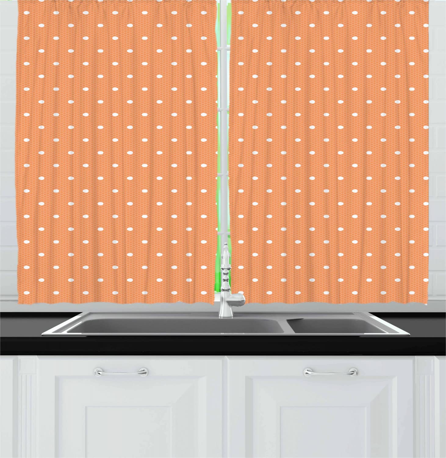 Ambesonne Vintage Long Kitchen Curtains - Geometric White Polka Dot Hexagon Lace Mesh Design, 2 Panel Drapes with Rod Pocket, 55x45 Inches, Pale Orange & White - Perfect for Farmhouse, Cottage & Retro Kitchen Decor