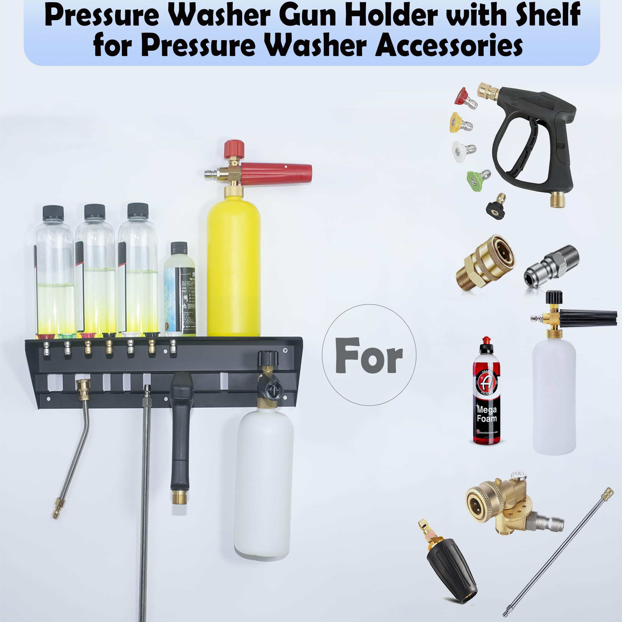 Pressure Washer Gun Holder with Shelf - Foam Cannon Holder, Nozzle Tips & Soap Bottle Storage Rack | Organize Pressure Washer Accessories | Perfect for Car Washing, Home Cleaning & Outdoor Maintenance