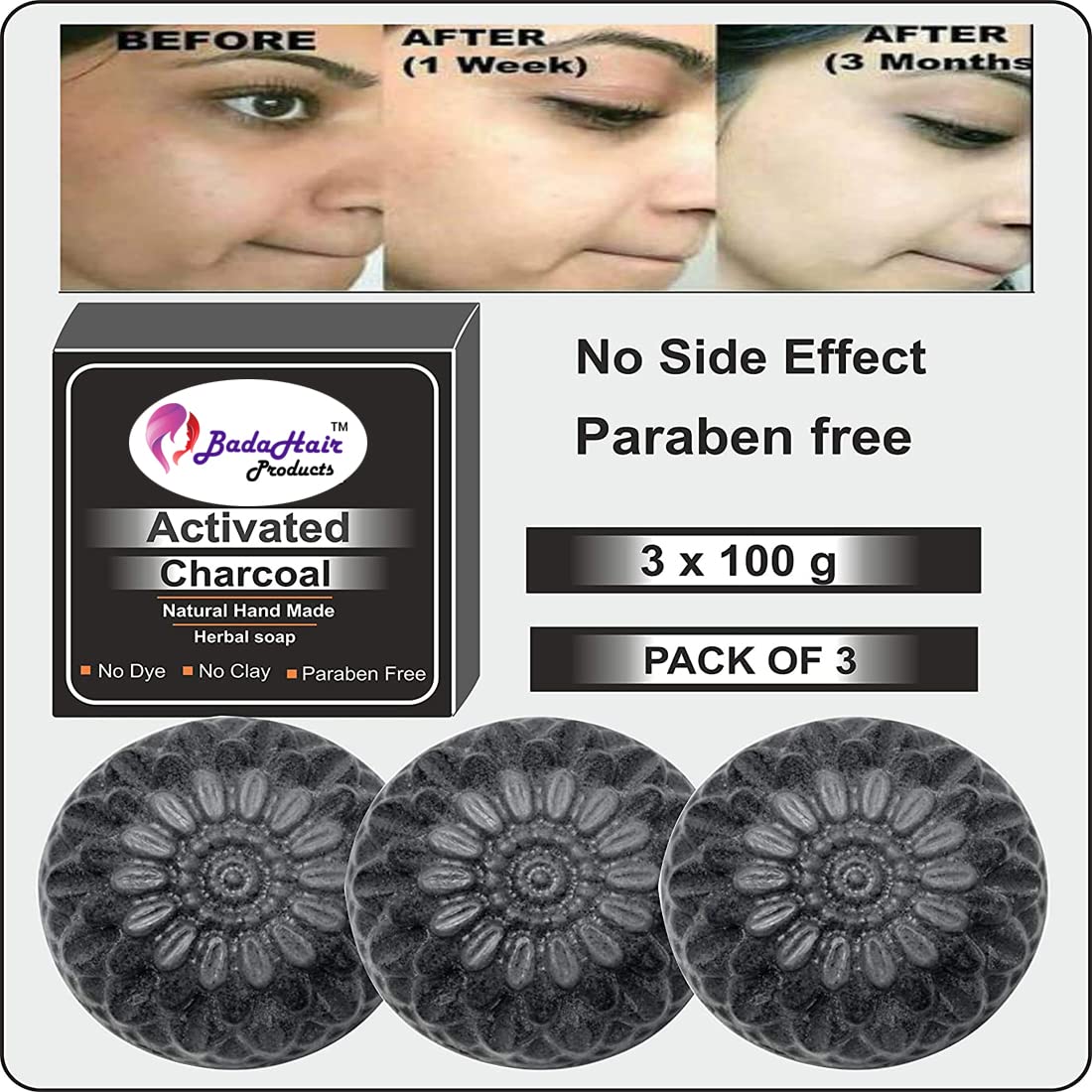 BADAHAIR® Activated Charcoal Soap for Face & Body - Natural Detox, Skin Whitening, Acne & Blackhead Treatment, Anti-Wrinkle & Anti-Pollution - Pack of 3 (3 x 100g) | Perfect for Daily Cleansing, Deep Pore Treatment & Glowing Skin Care Routine