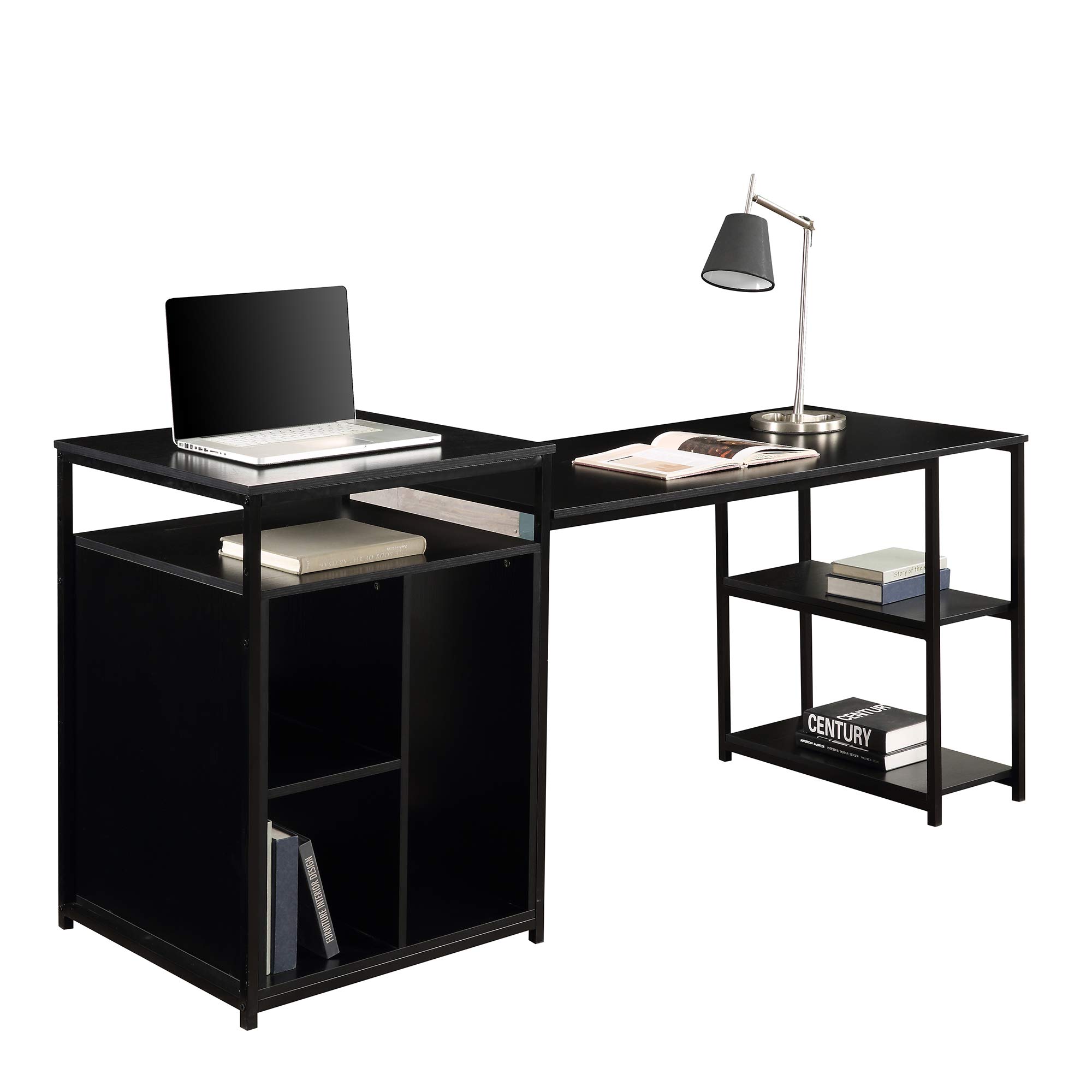 Melpomene Home Office Computer Desk with Storage Shelf - Black Modern Writing PC Table with CPU Storage Space & Printer Stand, Space Saving Design for Small Rooms, Apartments & Dorm Rooms - Perfect for Work, Study & Gaming Setup