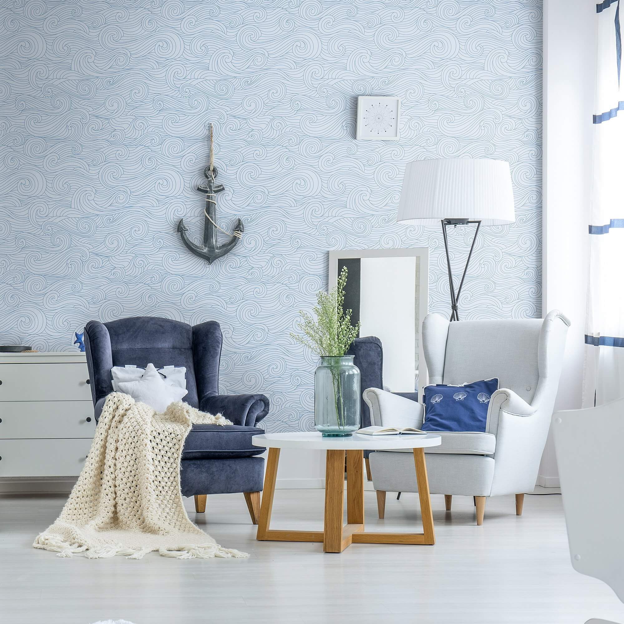 Blue Nautical Peel and Stick Removable Wallpaper - Self-Adhesive Decorative Wall Mural for Bedroom, Nursery, Living Room & Office Decor