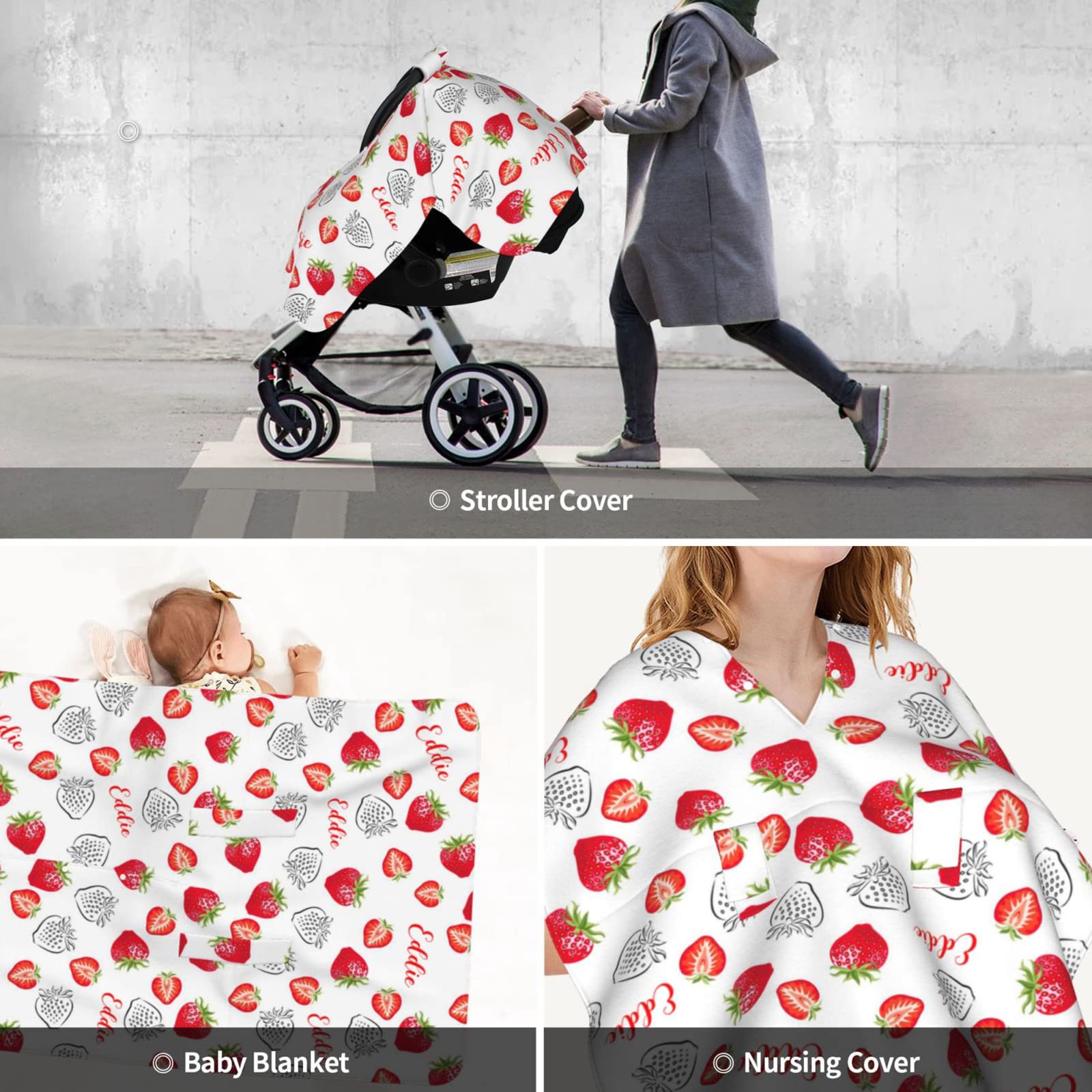 Personalized Strawberries Red Glitz Sparkle Baby Car Seat Canopy - Custom Name Embroidered Minky Nursing Stroller Cover & Multi-Use Blanket for Girls (27.5
